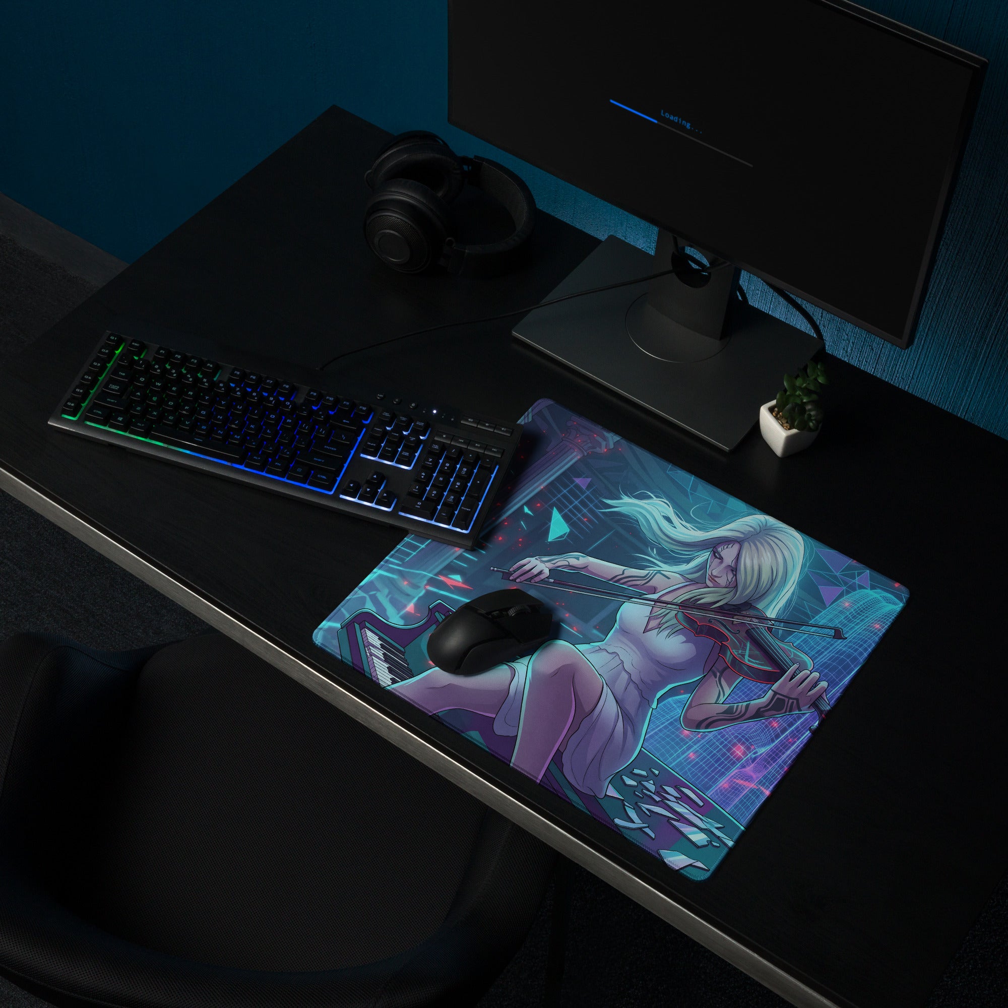 Vibrant rectangular gaming mousepad with anime blonde woman in purple dress playing violin on neon blue pink background