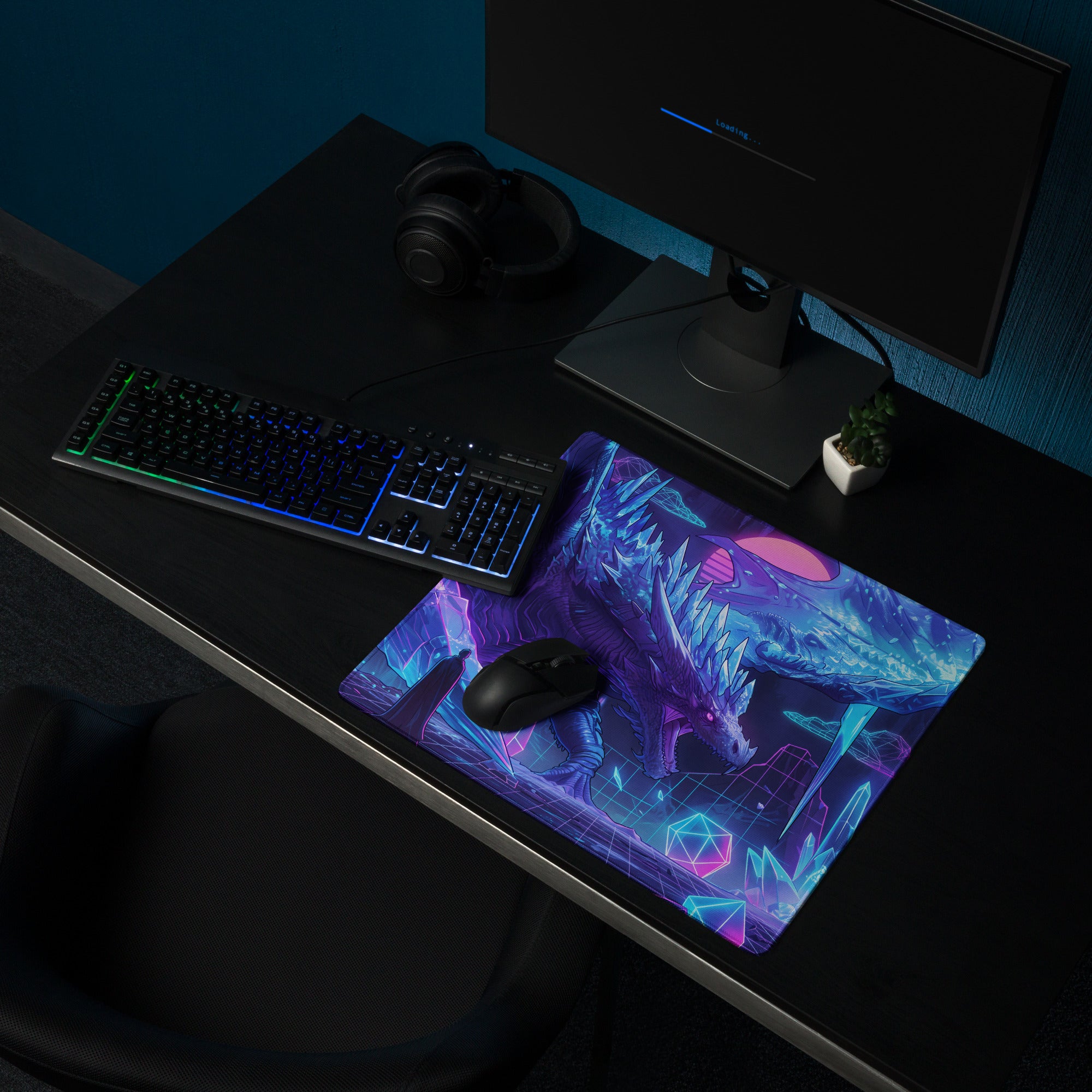 A vibrant purple and blue neon dragon-themed vaporwave gaming mouse pad with geometric cyberpunk grid design