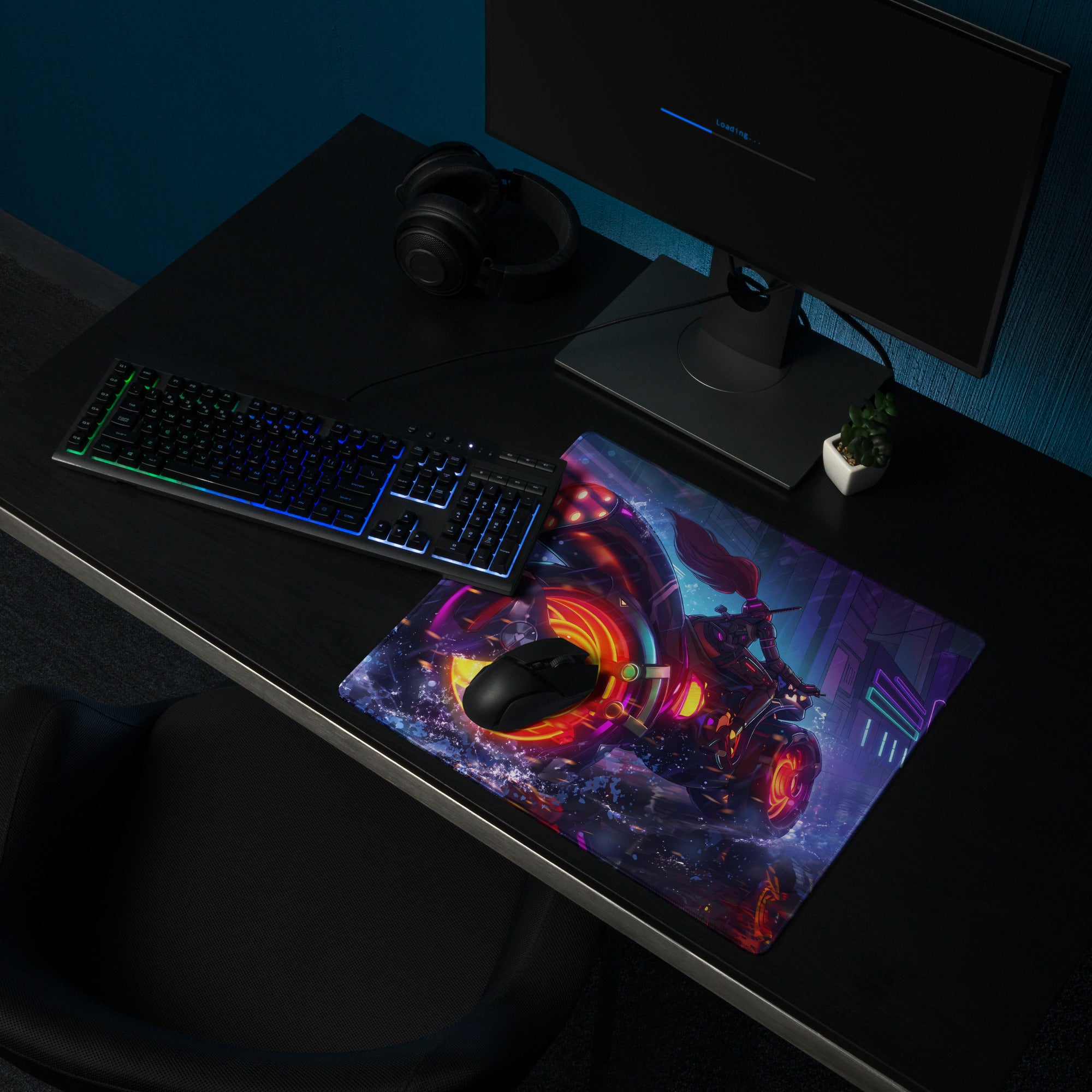 Neon vaporwave gaming mouse pad with vibrant sci-fi motorcycle design and glowing orange purple neon accents for desk setup