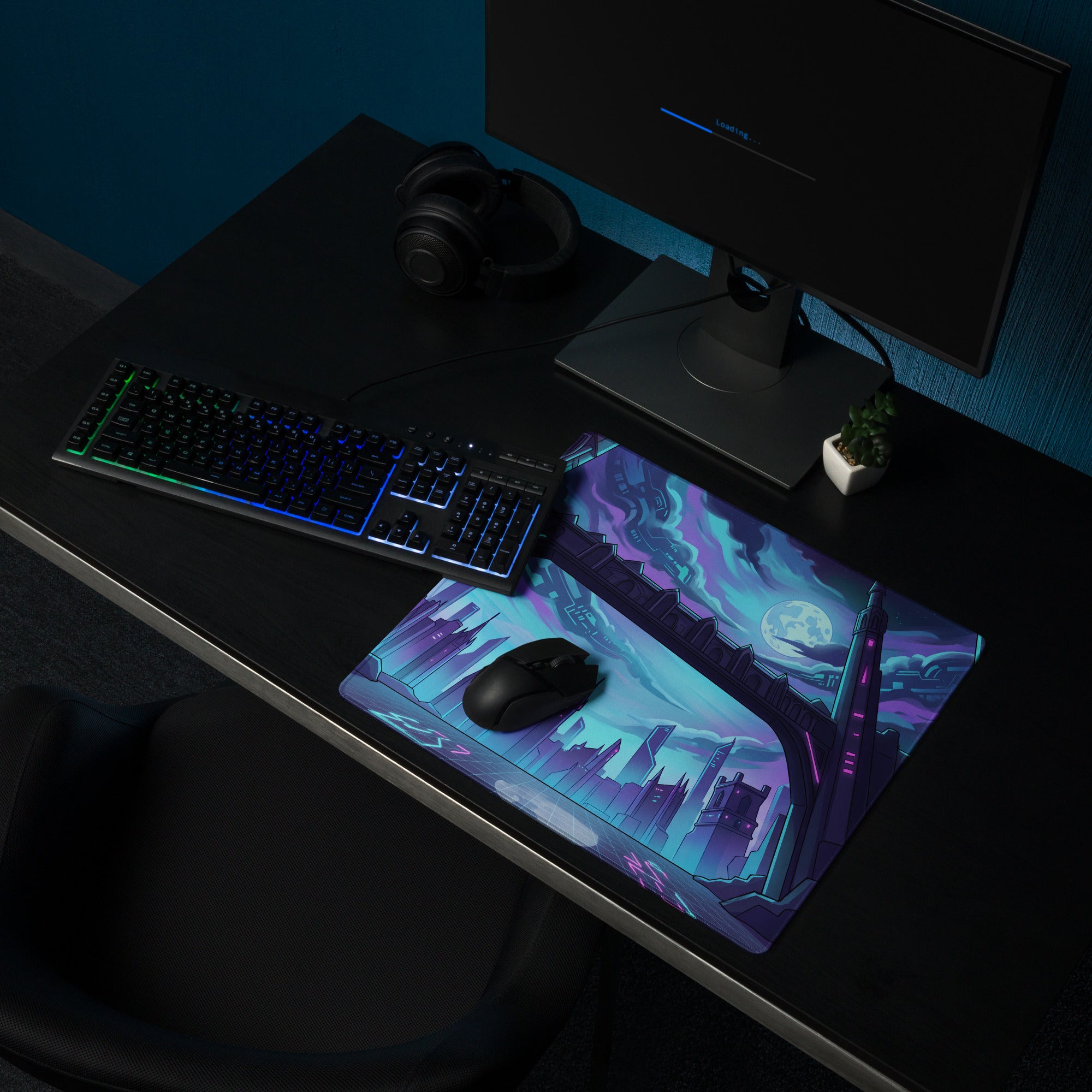 Neon Vaporwave Cityscape Mouse Pad - Cityscape Neon Purple Blue Desk Pad Vaporwave Mood Futuristic Glow