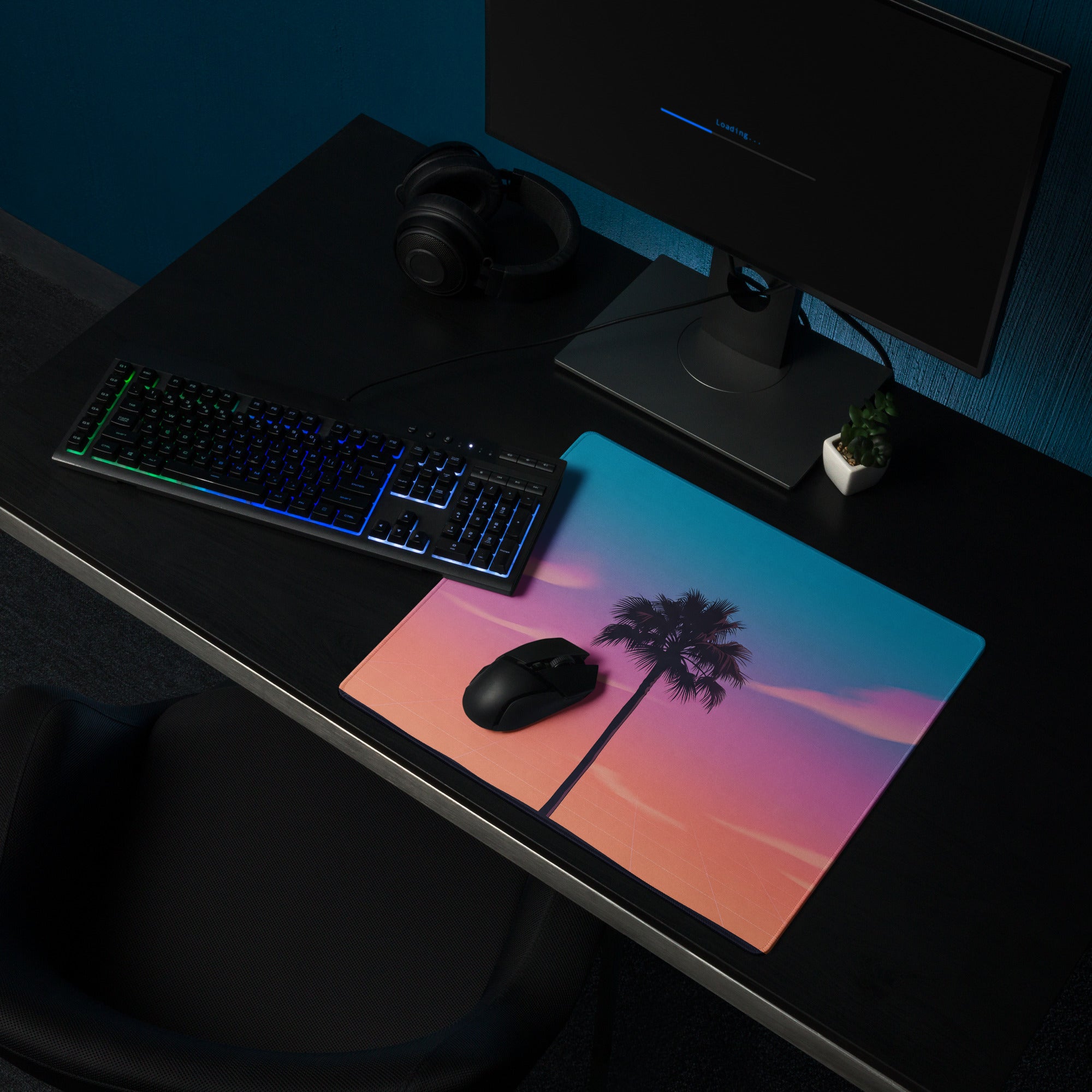 Vaporwave Sunset Palm Pad - Gaming Mouse Pad Blue Pink Purple Vaporwave Dreamy Neon Mood Retro Futurism Grid