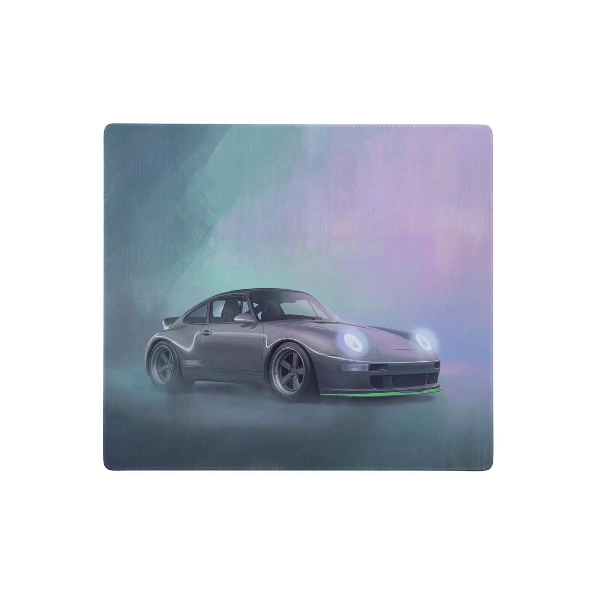 Porsche 911 inspired silver 993 widebody desk mat featuring a sleek metallic gray sports car with green stripe and black rims
