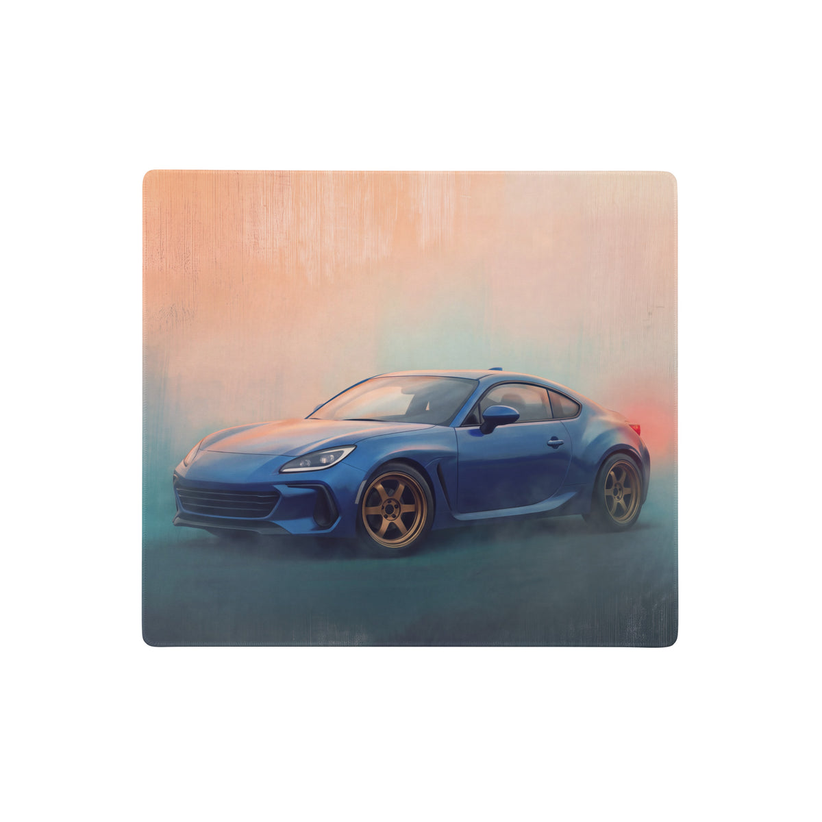 Blue sports car illustration on rectangular wooden plaque featured on subaru brz inspired world rally blue bronze rim desk pad