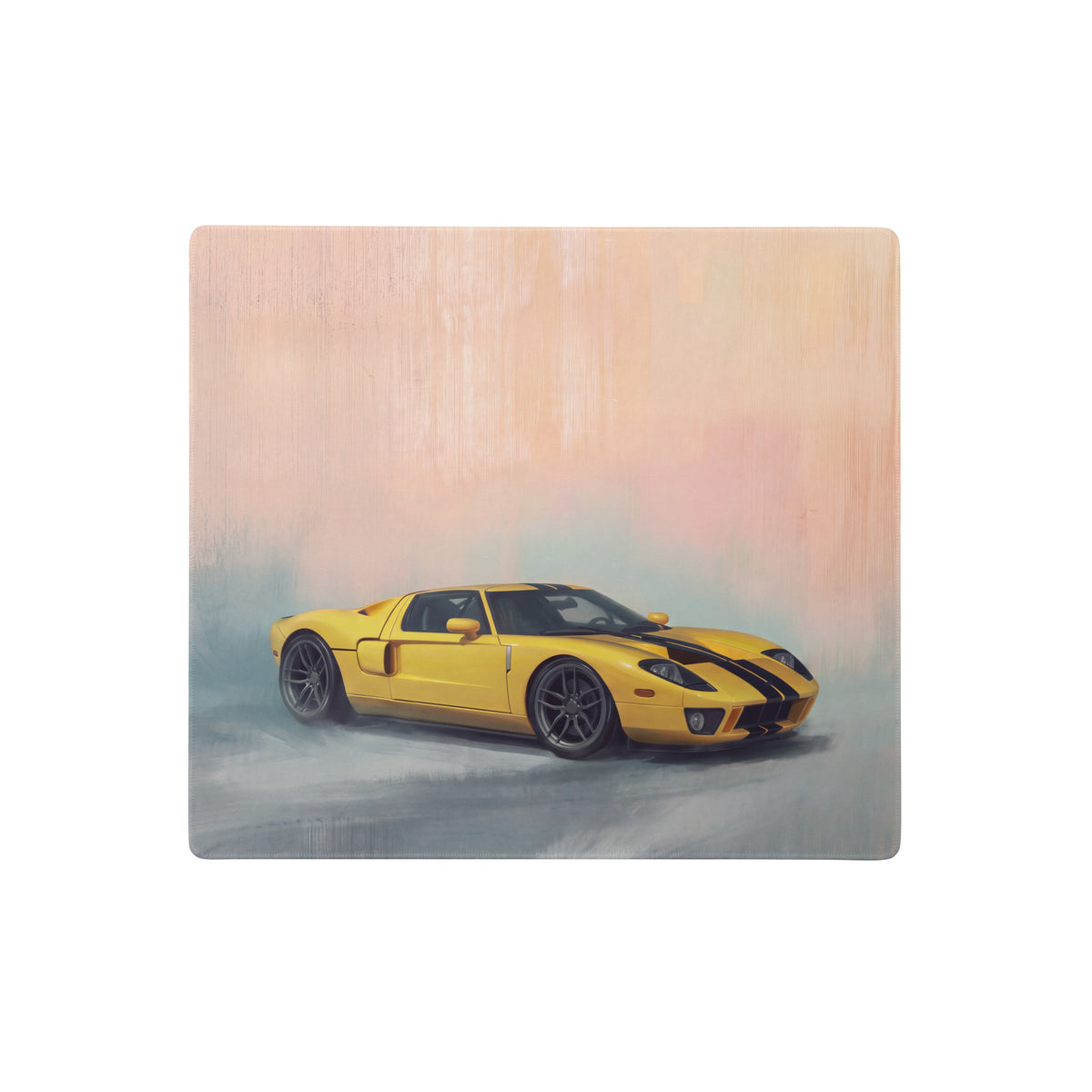 Yellow ford gt sports car with black racing stripes stylized painting on wooden plaque ford gt inspired speed yellow desk mat