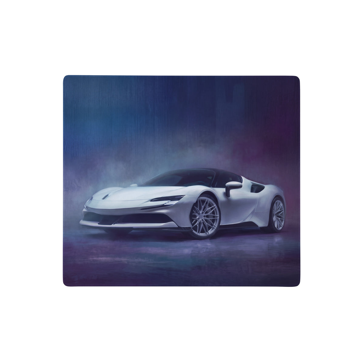 Ferrari sf90 inspired pearl nebula desk mat featuring a white ferrari sports car on a smoky atmospheric background