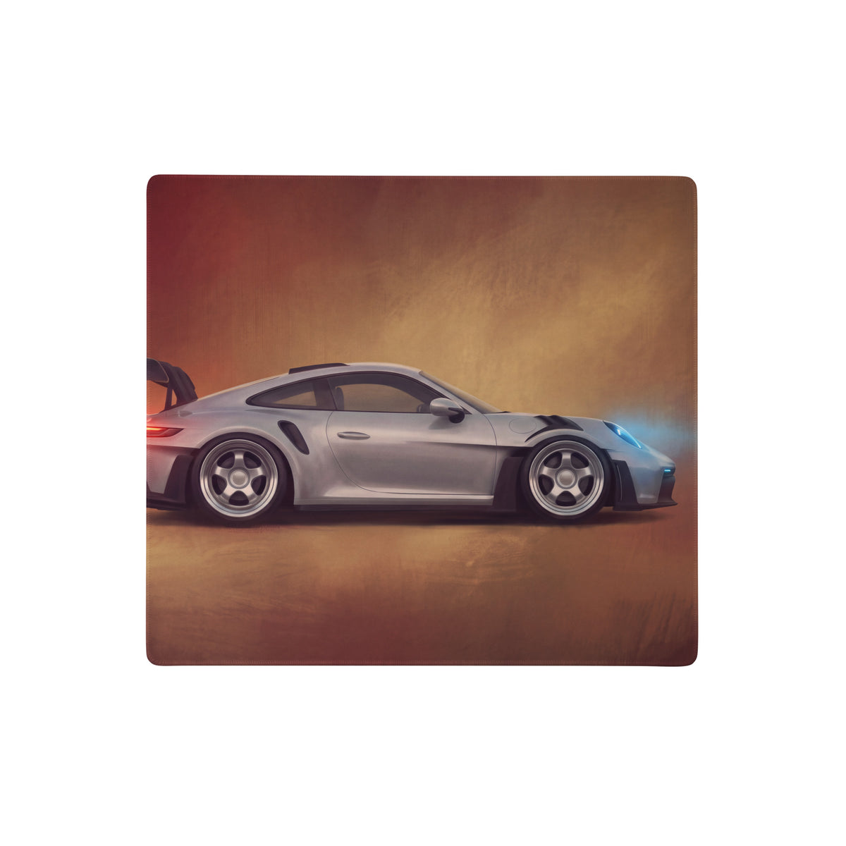 Silver porsche 911 gt3 rs racing car graphic printed on a rectangular stitched edge gaming mouse pad