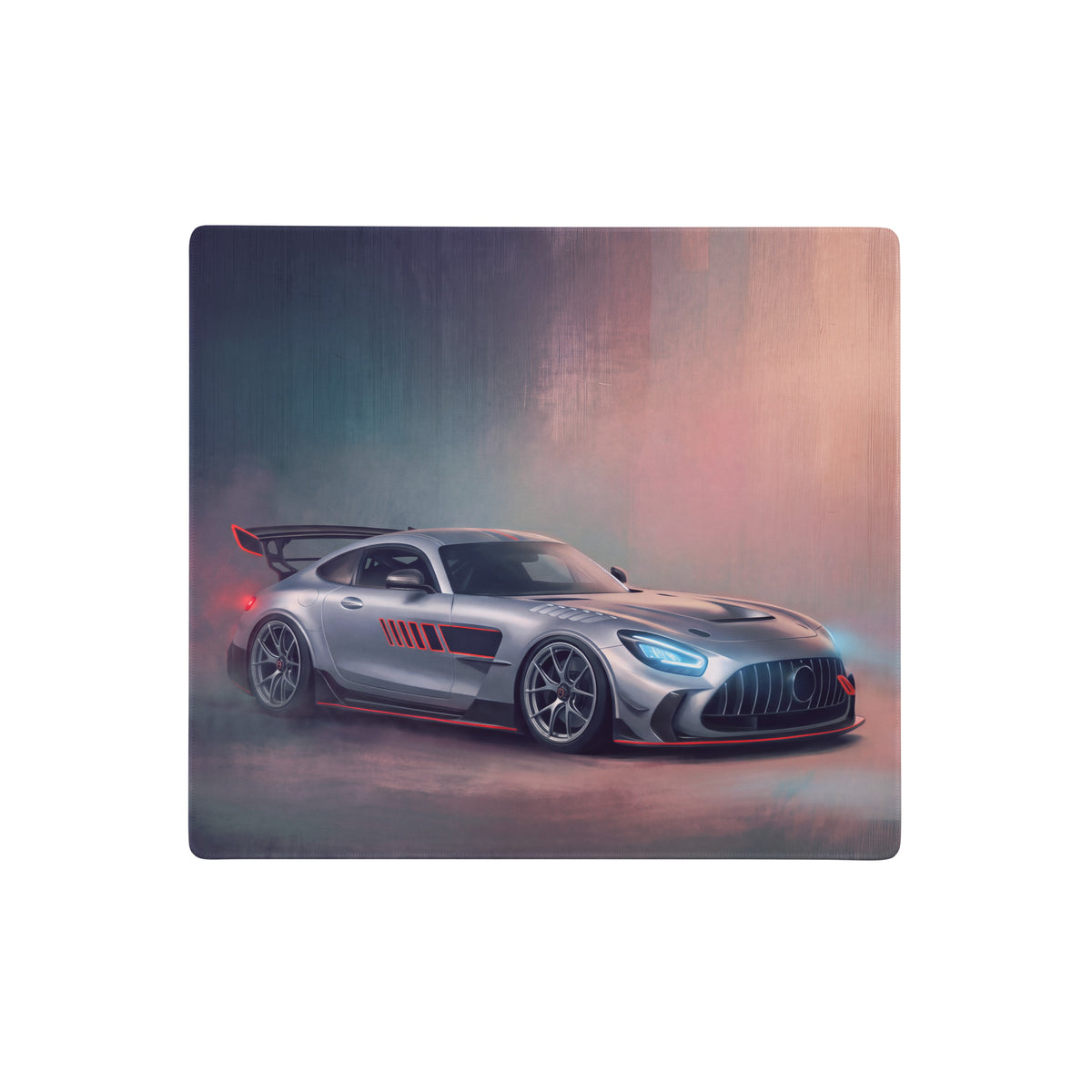 Silver and red mercedes-amg gt r race car graphic printed on a stitched edge silver track desk pad for gaming