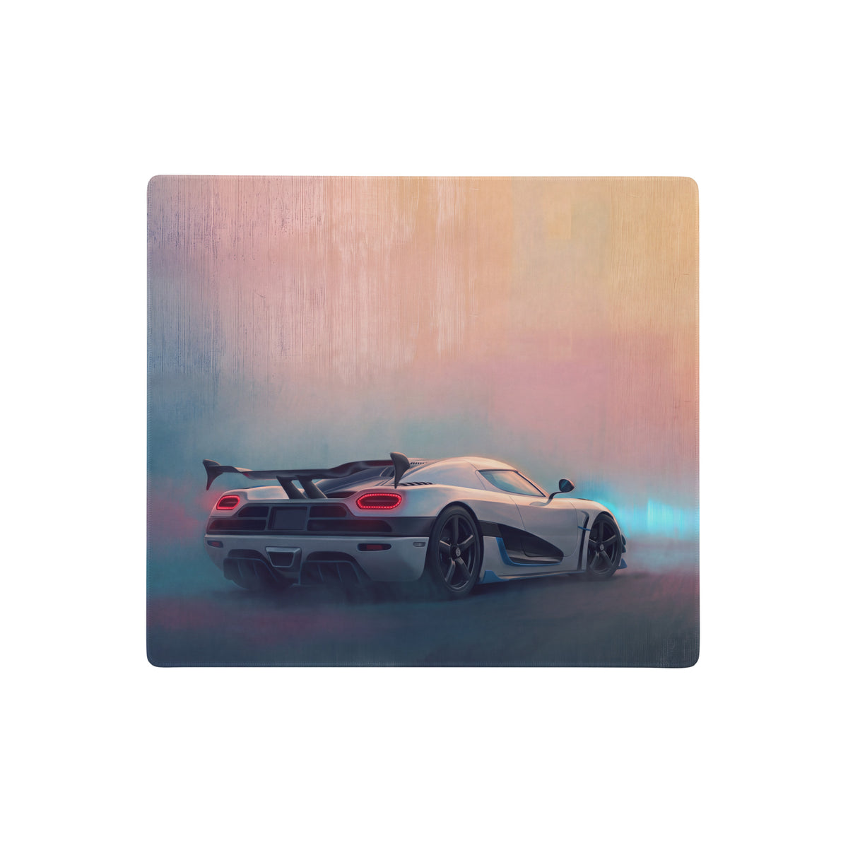 Koenigsegg agera inspired pearl glacier desk mat white hypercar design black accents red taillights on wood mousepad