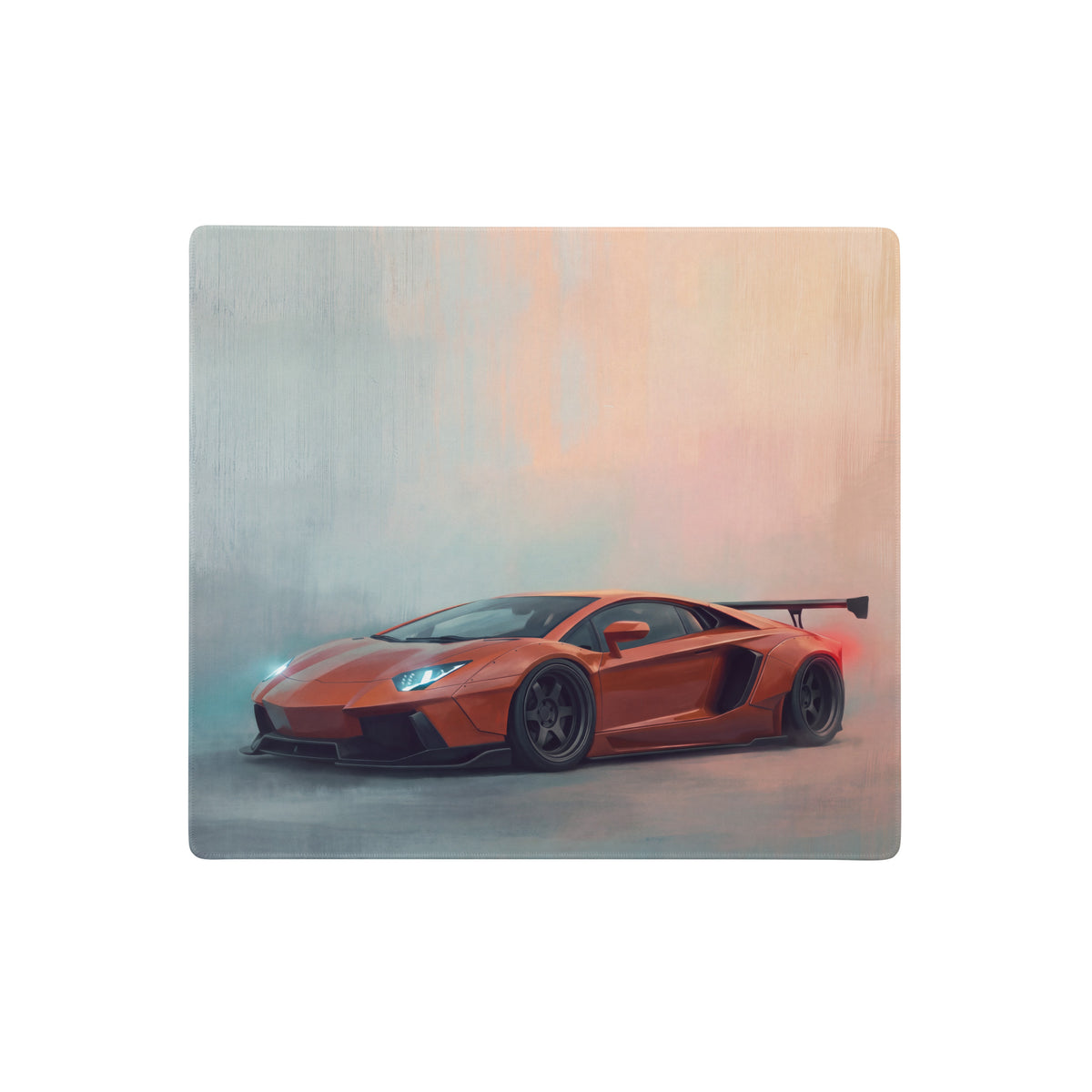 Orange lamborghini aventador inspired widebody desk pad with stylized painterly illustration non-slip mouse mat