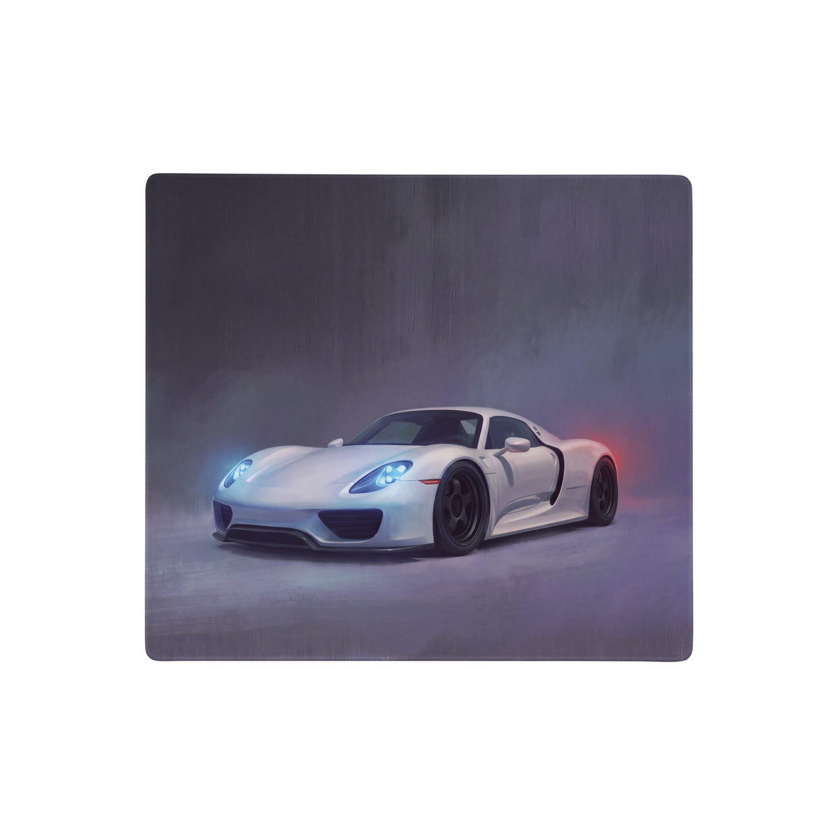White porsche 918 spyder inspired pearl white desk pad with glowing blue headlights and red taillights artistic design