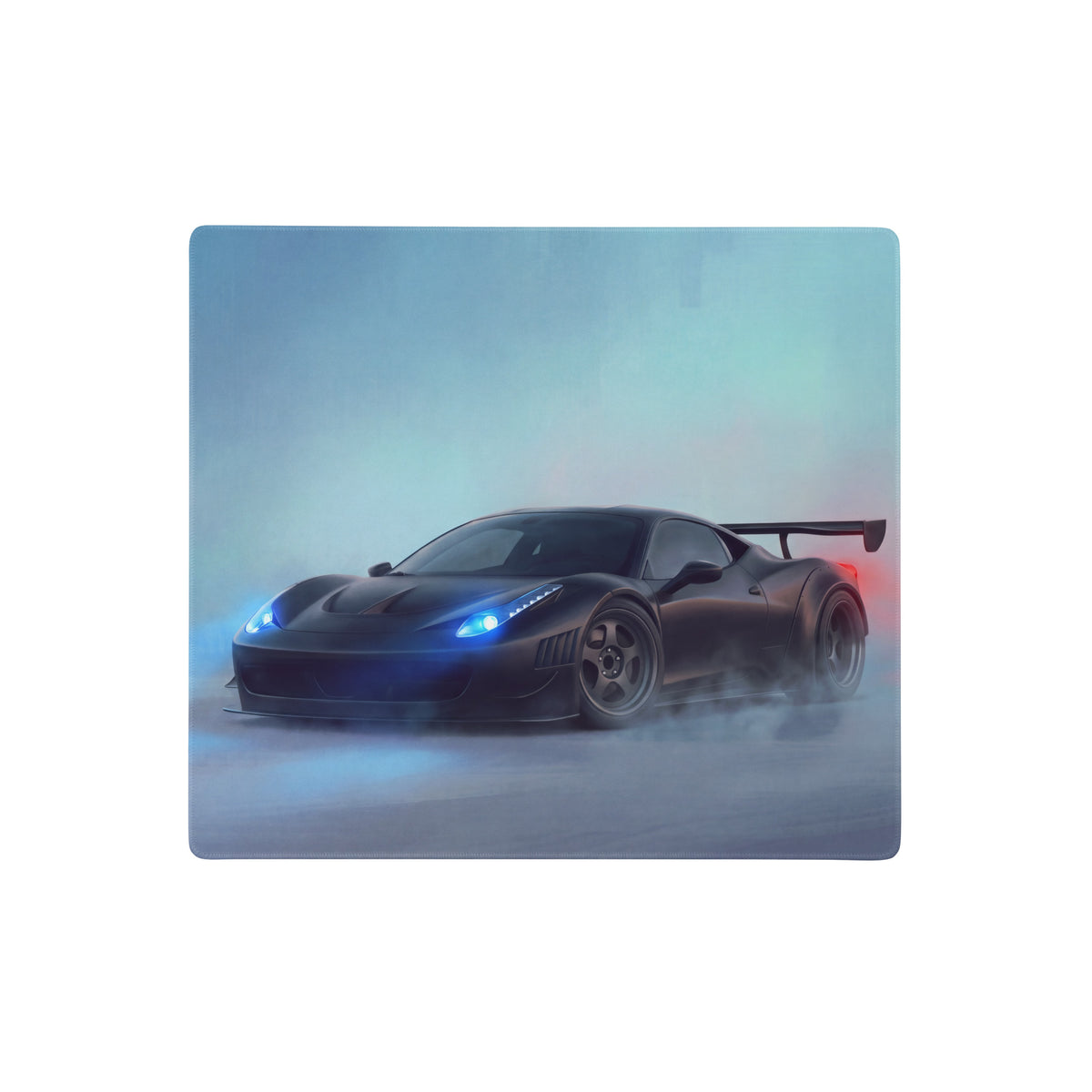 Ferrari 458 inspired stealth matte black extended desk pad with black sports car and glowing blue headlights design