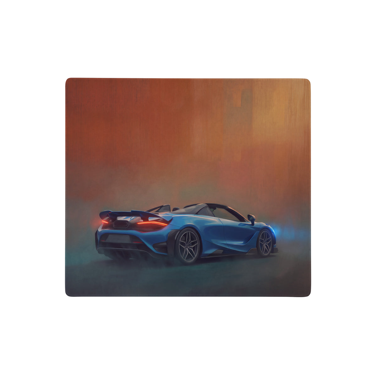 Stylized illustration of a blue mclaren 720s convertible on a mclaren 765lt inspired curacao blue convertible desk mat xl mousepad