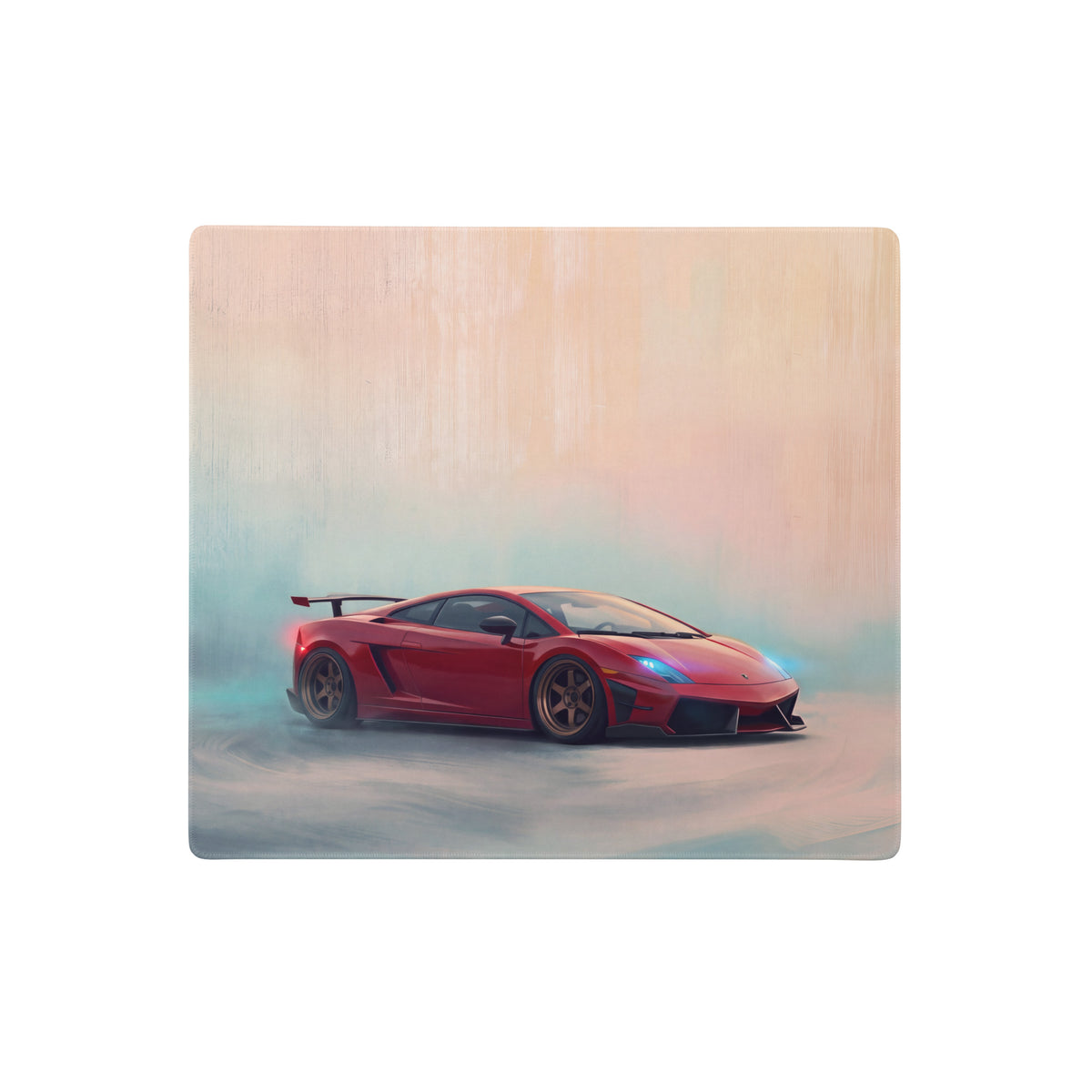 Vibrant red Lamborghini Gallardo inspired crimson drift desk pad with ultra-glide stitched edge on wooden surface