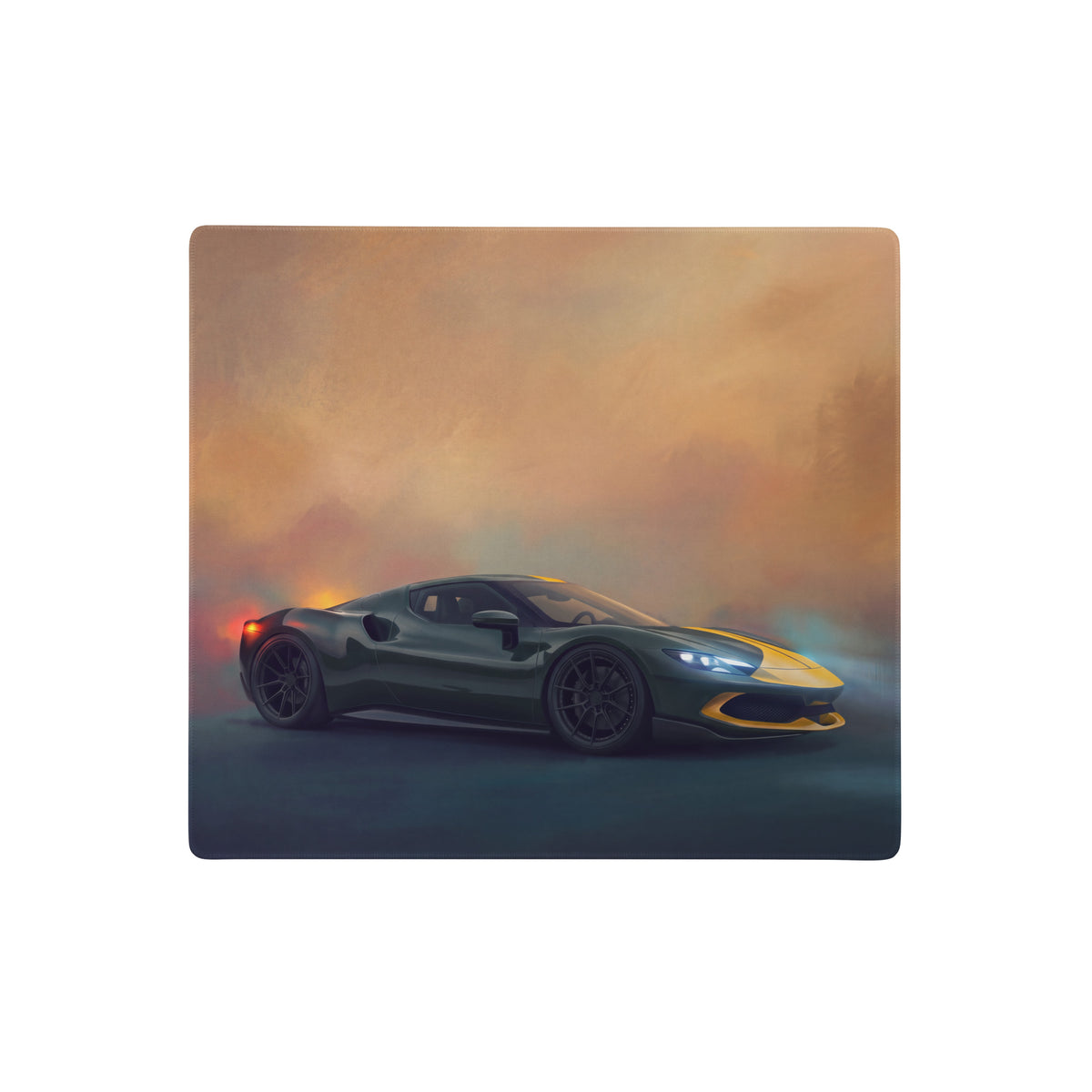 Ferrari 296 gtb inspired assetto fiorano extended non-slip desk pad with green and yellow ferrari sports car illustration
