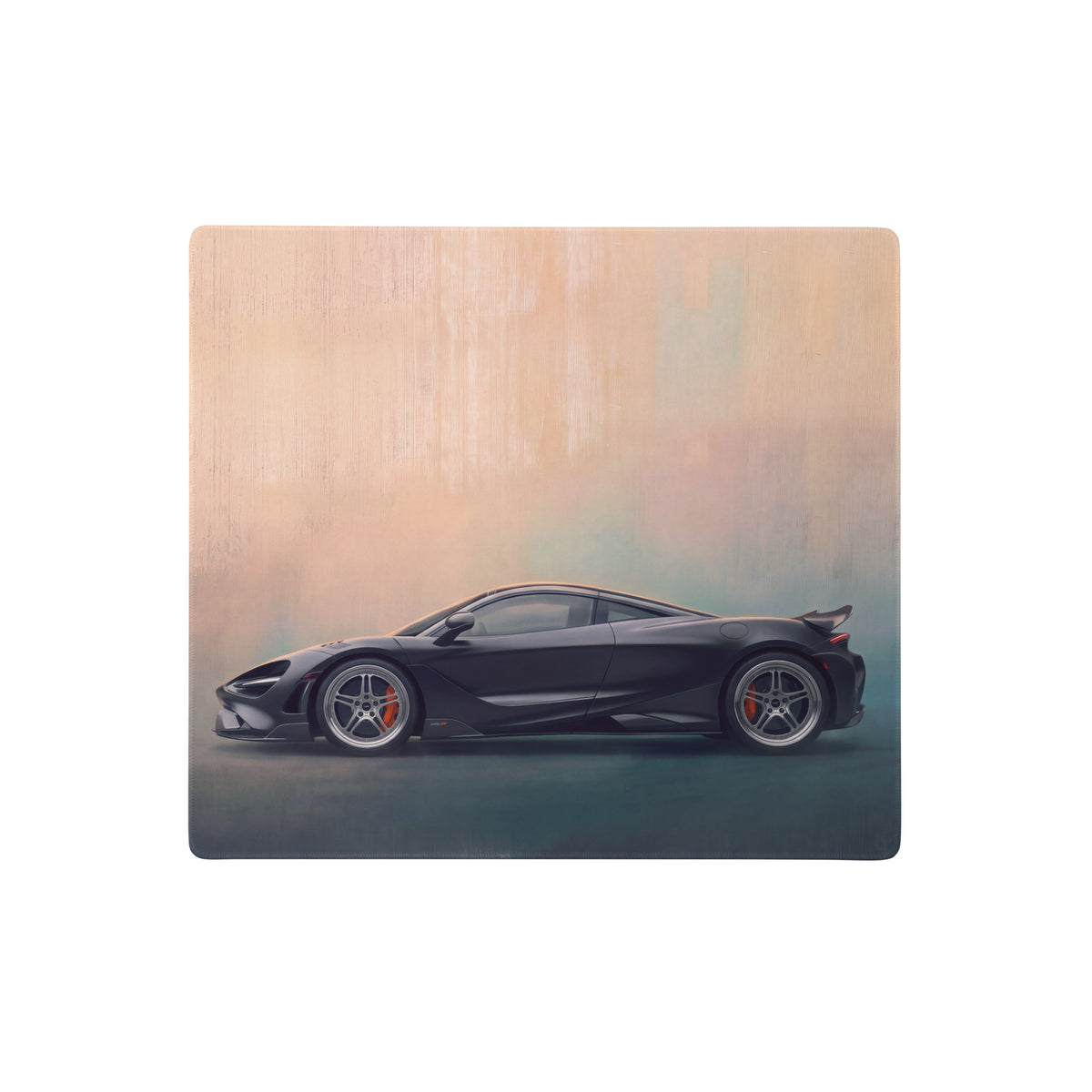 Black McLaren 720s sports car illustration on wooden plaque featured on McLaren 765LT inspired carbon profile desk mat