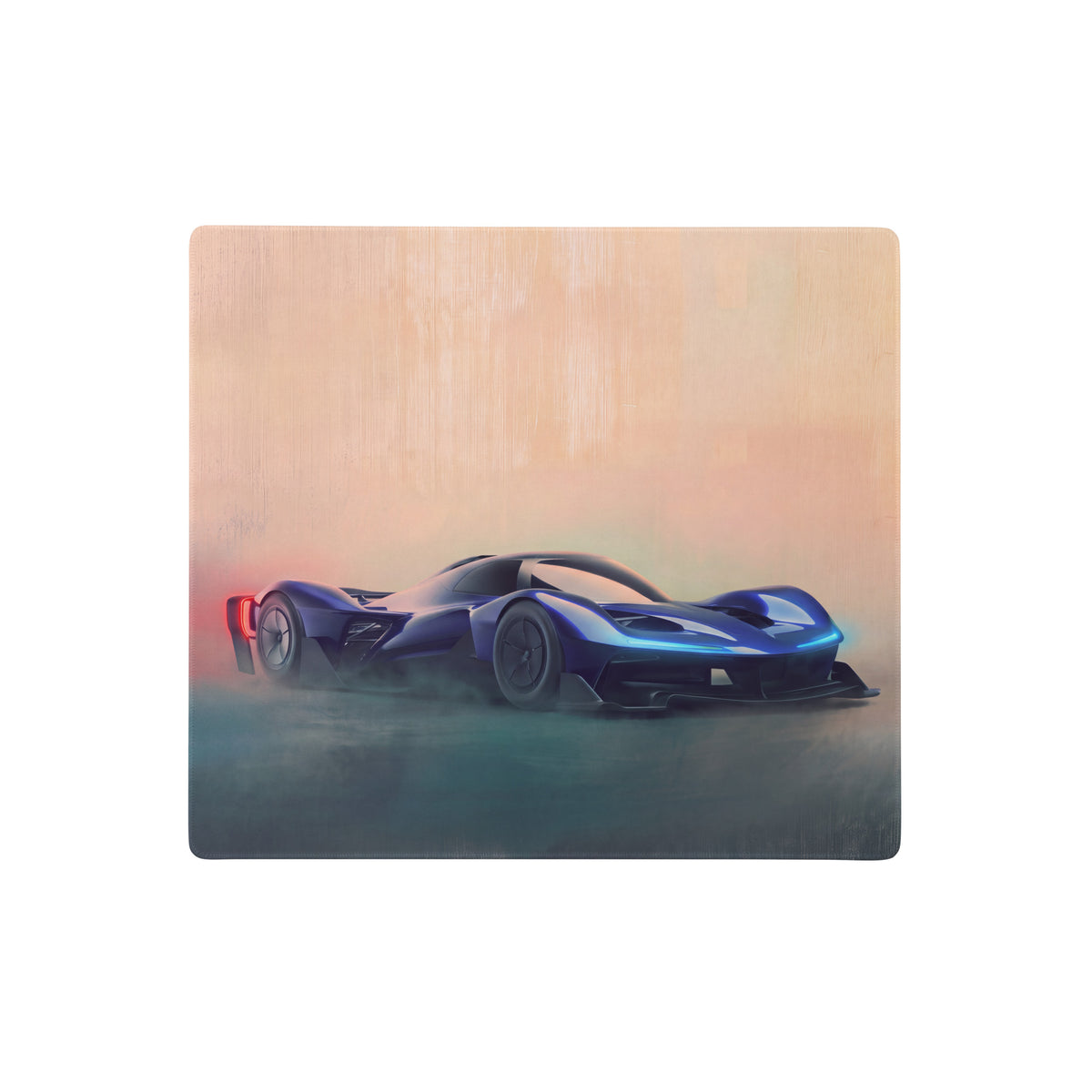Blue and black futuristic sports car illustration on a wooden plaque featured on rb17 inspired sapphire hyper desk pad