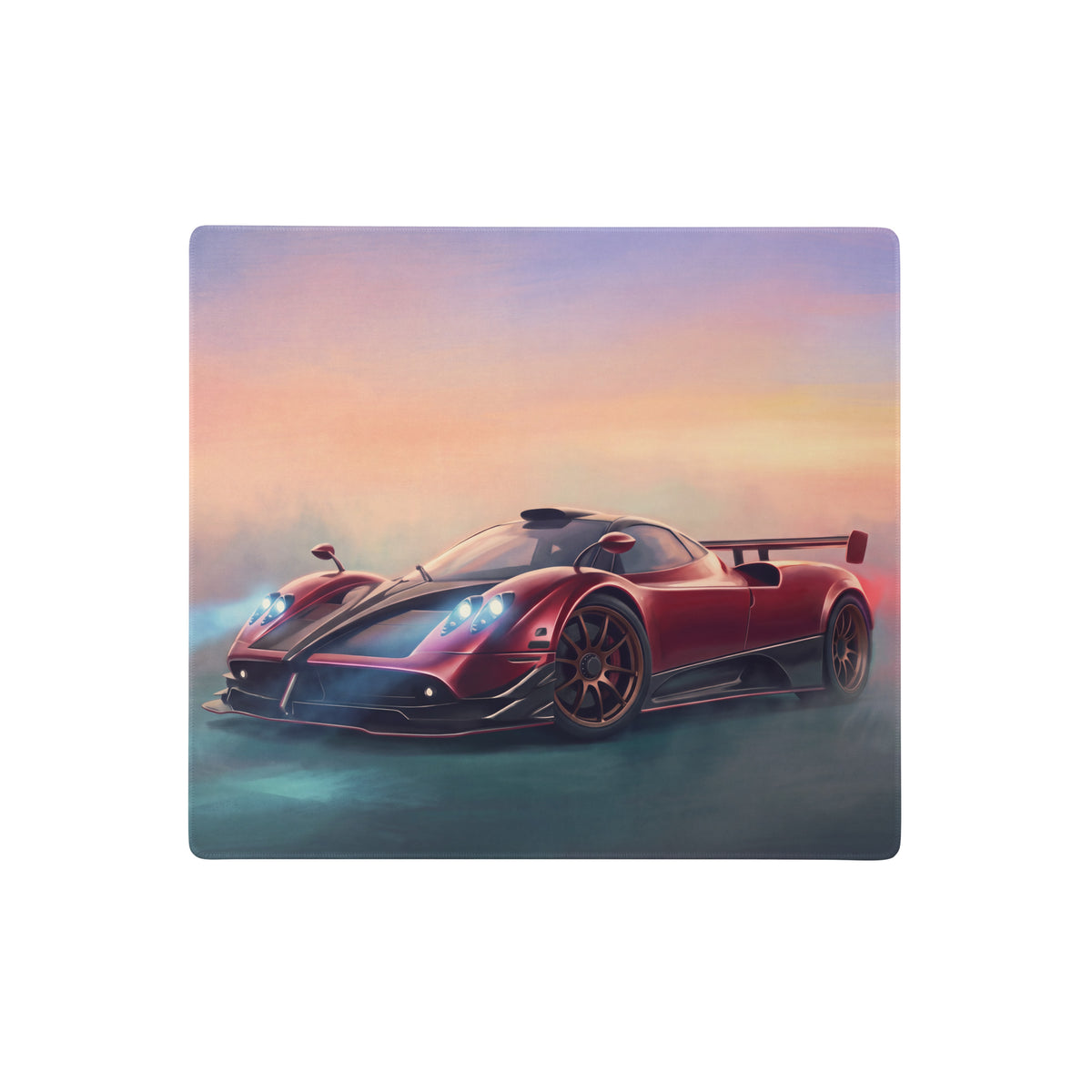 Red and black pagani zonda sports car illustration on extended non slip rosso sunset desk pad mouse mat