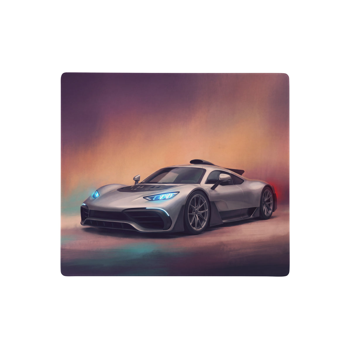 Silver mercedes-amg one inspired hyper silver sports car illustration on extended non-slip rectangular desk pad