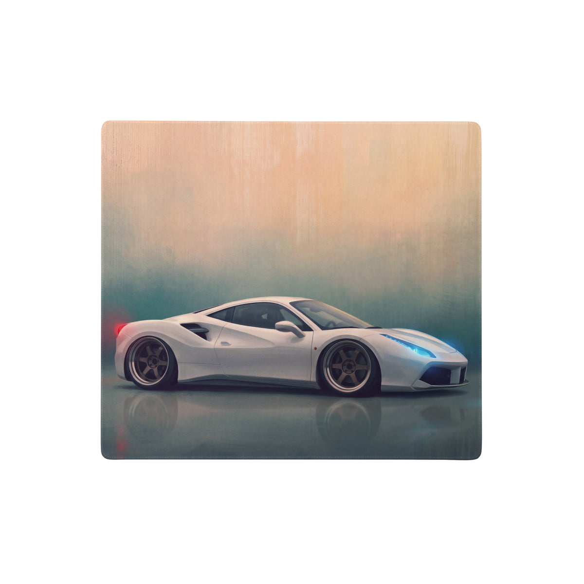 White ferrari 488 sports car on a square wooden plaque with stylized lighting for pearl white desk pad design