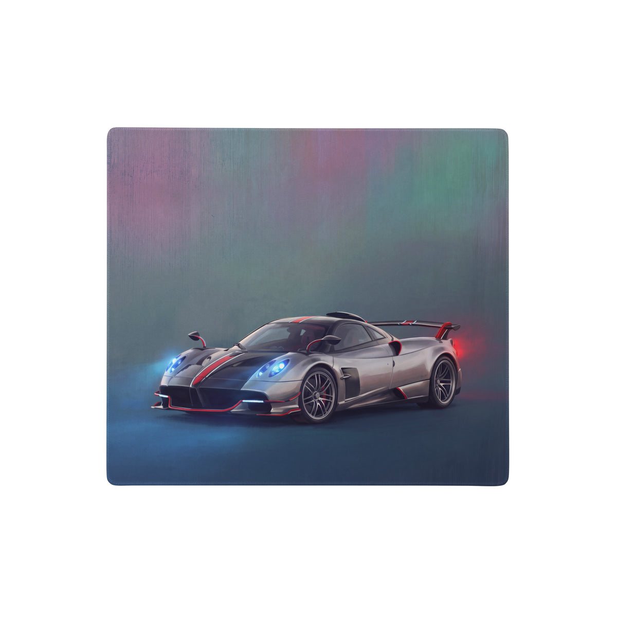 Silver Pagani Huayra bc sports car with red and black accents on a rectangular coaster for Pagani Huayra inspired desk mat