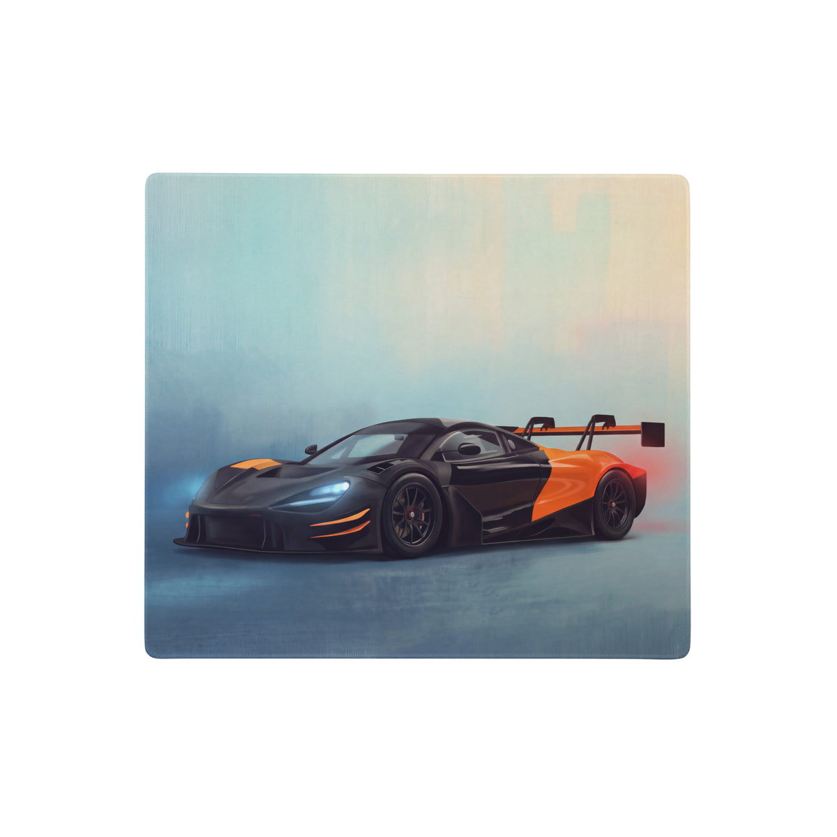Black and orange McLaren Senna race car illustration on a square coaster for McLaren 720S GT3 inspired stealth orange desk mat