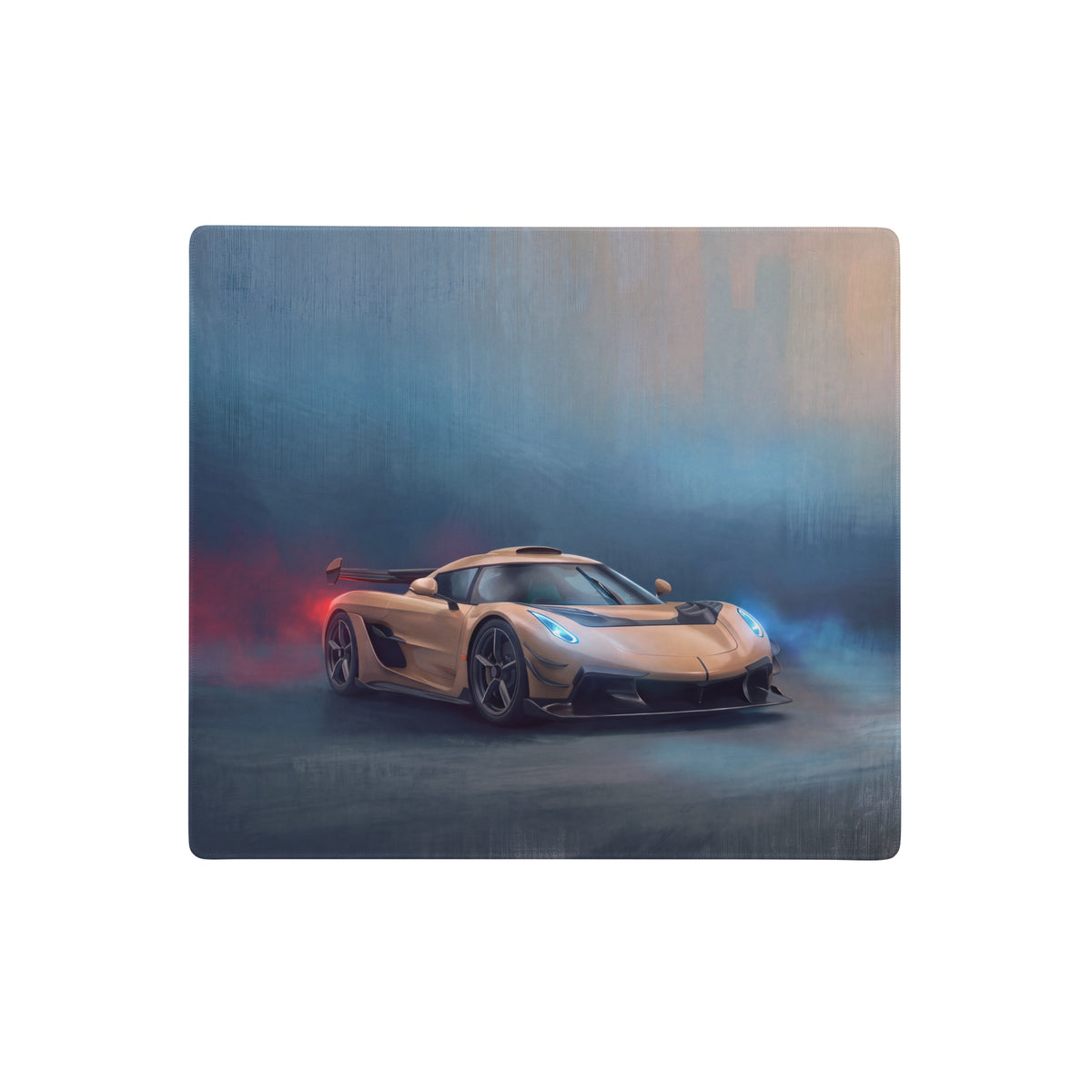 A sleek gold koenigsegg jesko inspired champagne gold low friction cloth desk mat with a dynamic hypercar drift design