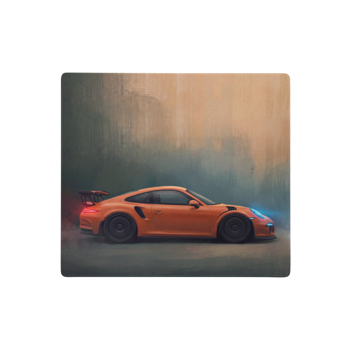 Orange Porsche 911 GT3 RS inspired lava orange desk mat with black wheels design on low-friction cloth mousepad