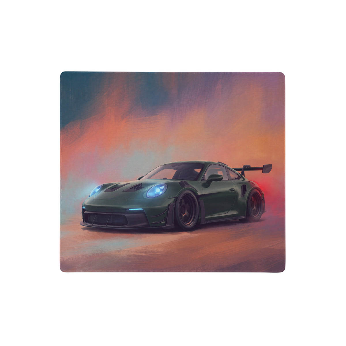 Dark green porsche 911 gt3 race car illustration on a rectangular non-slip irish green extended desk mouse pad
