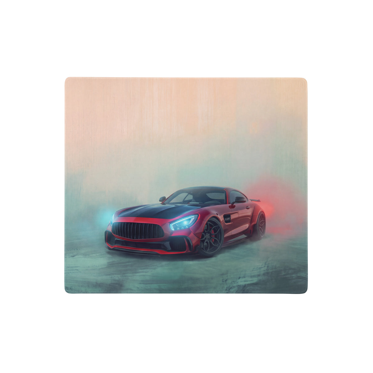 Red and black mercedes-amg gt r sports car illustration on wooden non-slip extended desk mouse pad