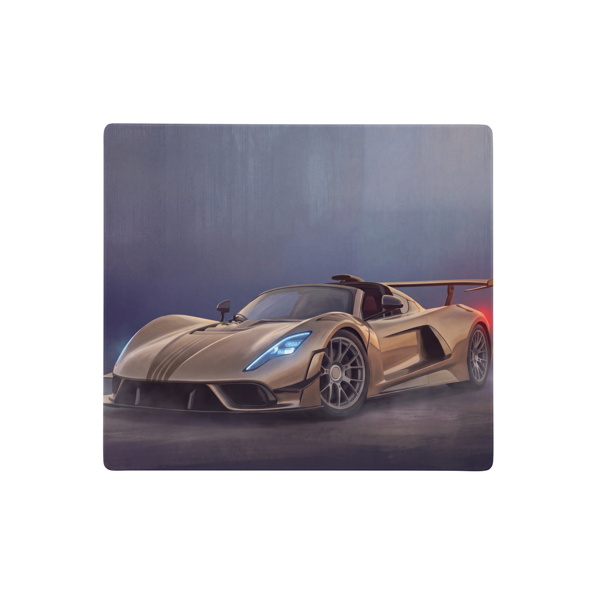 Gold-colored hennessey venom f5 inspired champagne edition low-friction cloth desk mat with sleek sports car illustration