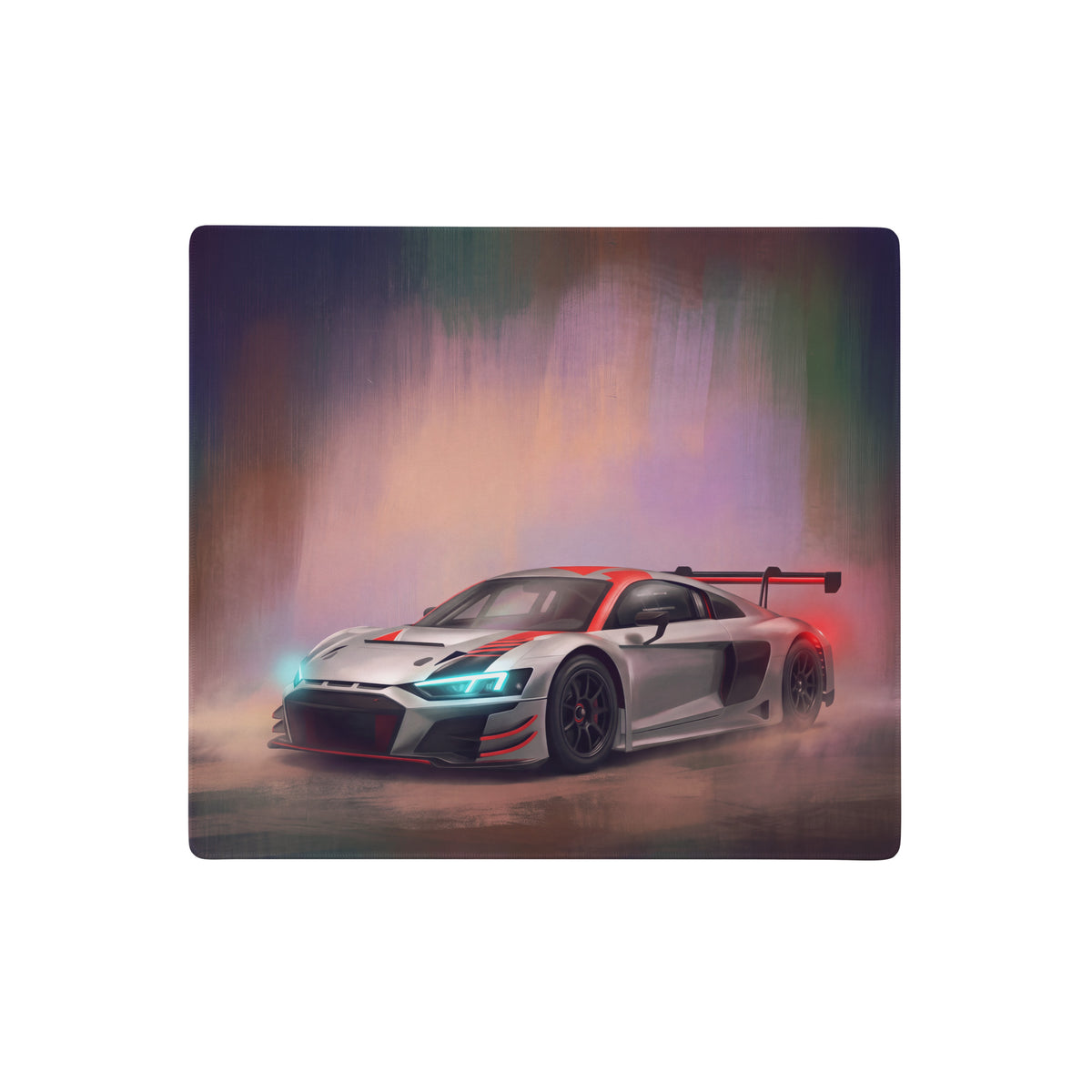 Audi r8 lms inspired performance edition desk pad featuring a silver and red race car with blue headlights on a non-slip surface