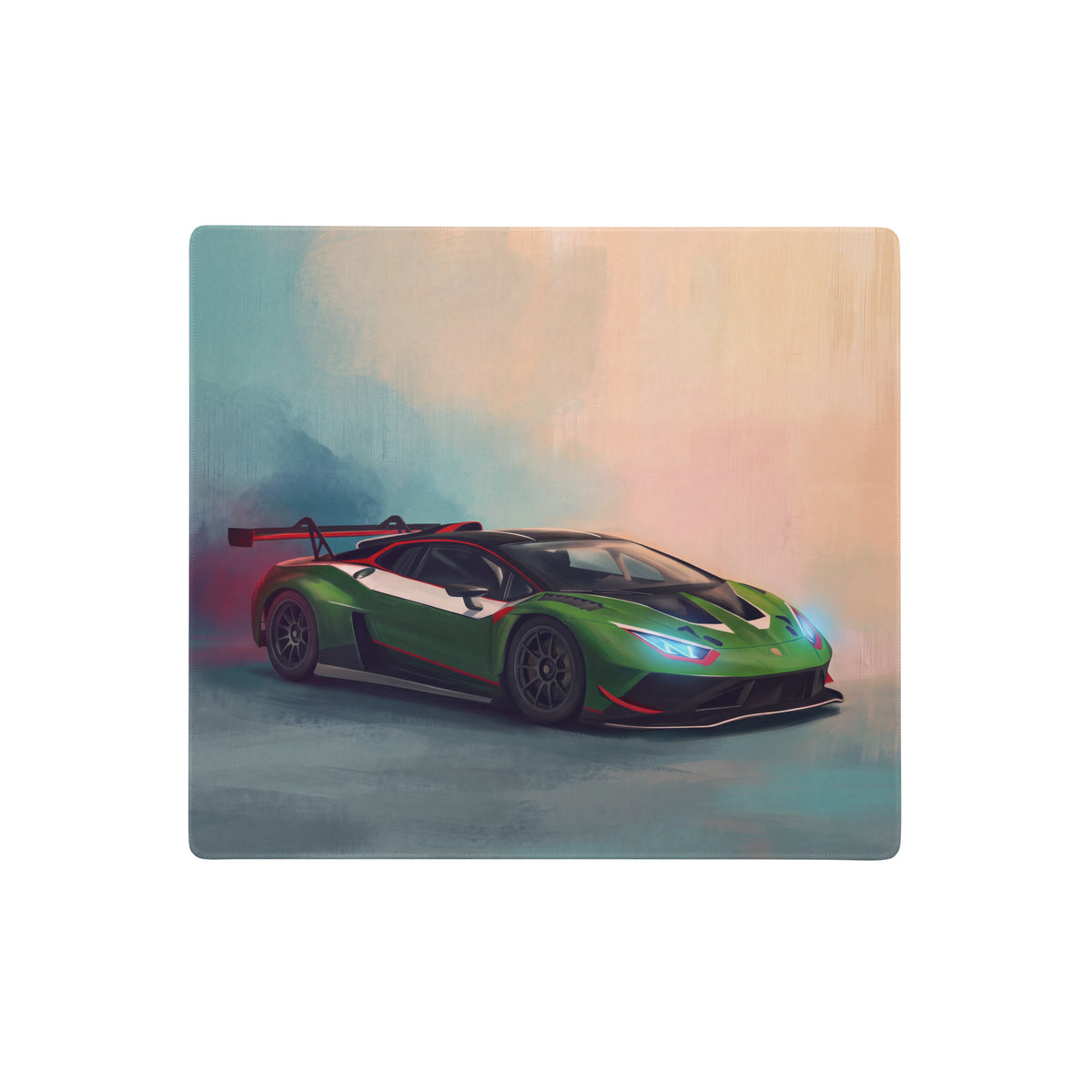 Green and white Lamborghini Huracán race car illustration on an XL Verde racing desk mat for high-precision gaming