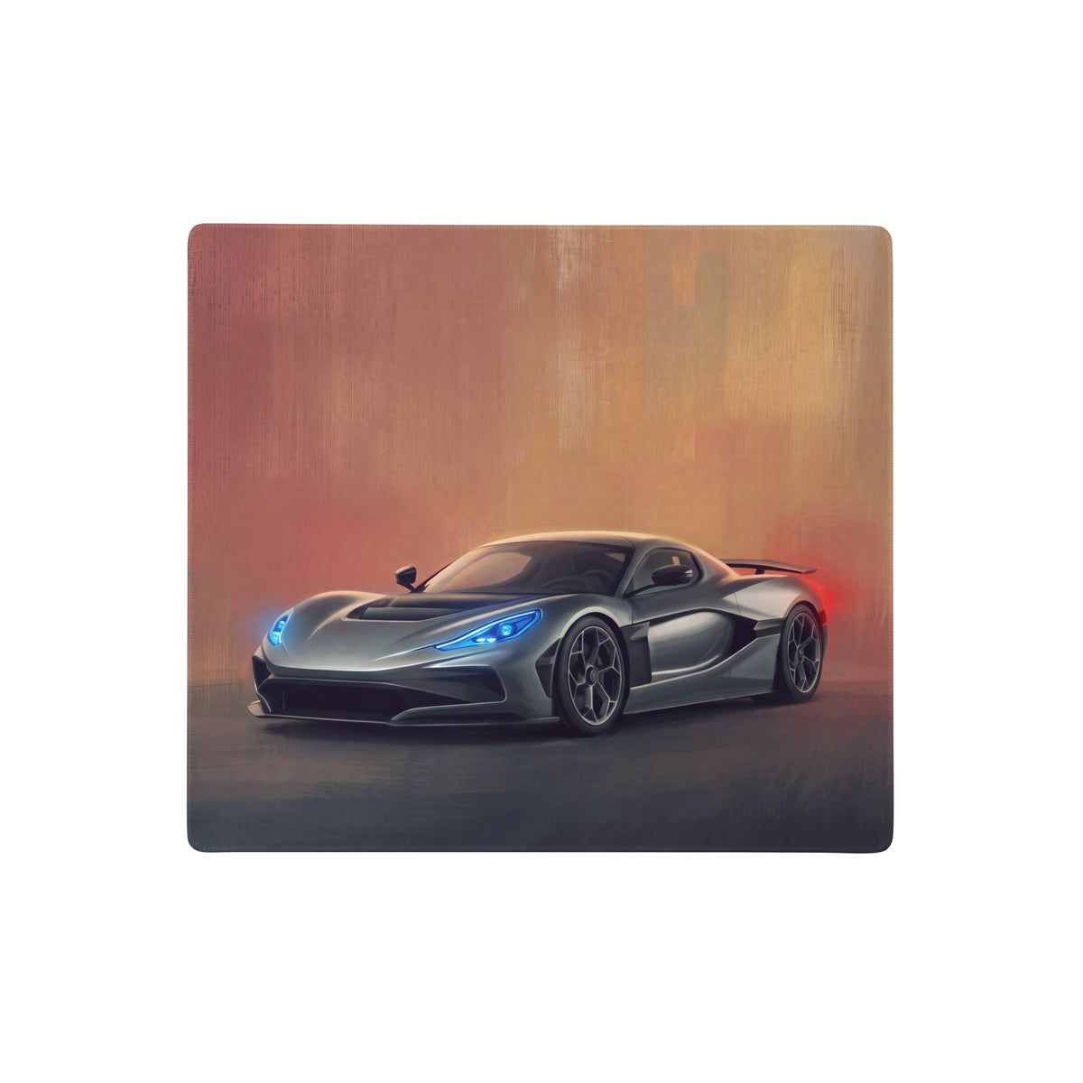Silver rimac nevera inspired hypercar illustration on rectangular wooden plaque desk pad for gaming mouse use
