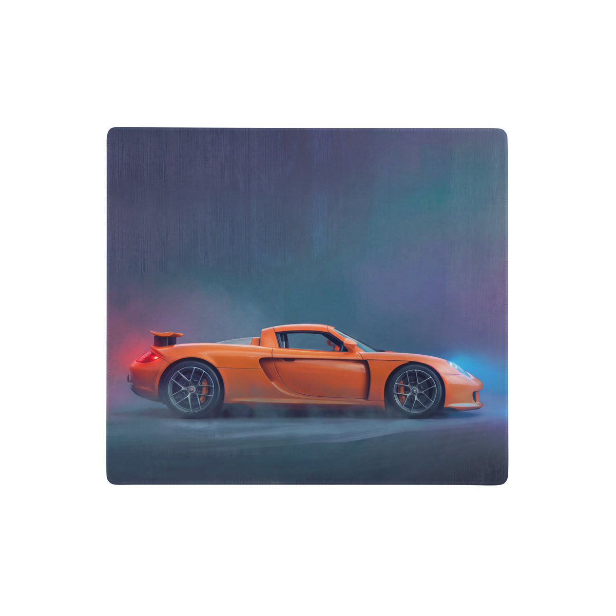 Vibrant orange porsche cayman sports car side profile on a smooth high dpi porsche carrera gt inspired desk mat