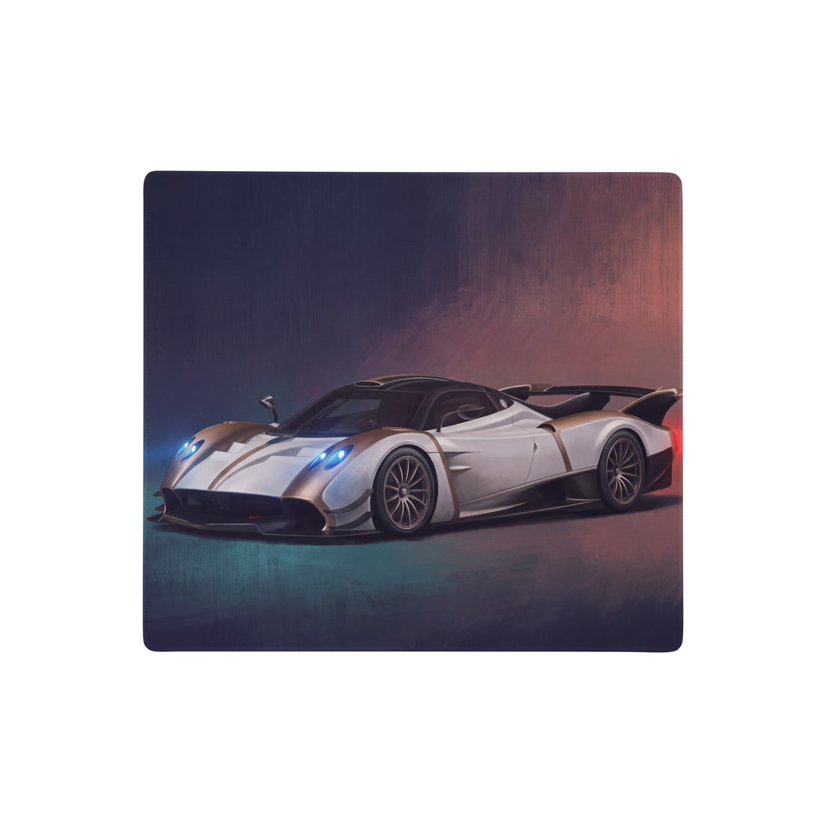White and black pagani huayra hypercar illustration on rectangular stitched edge desk pad with gold accent