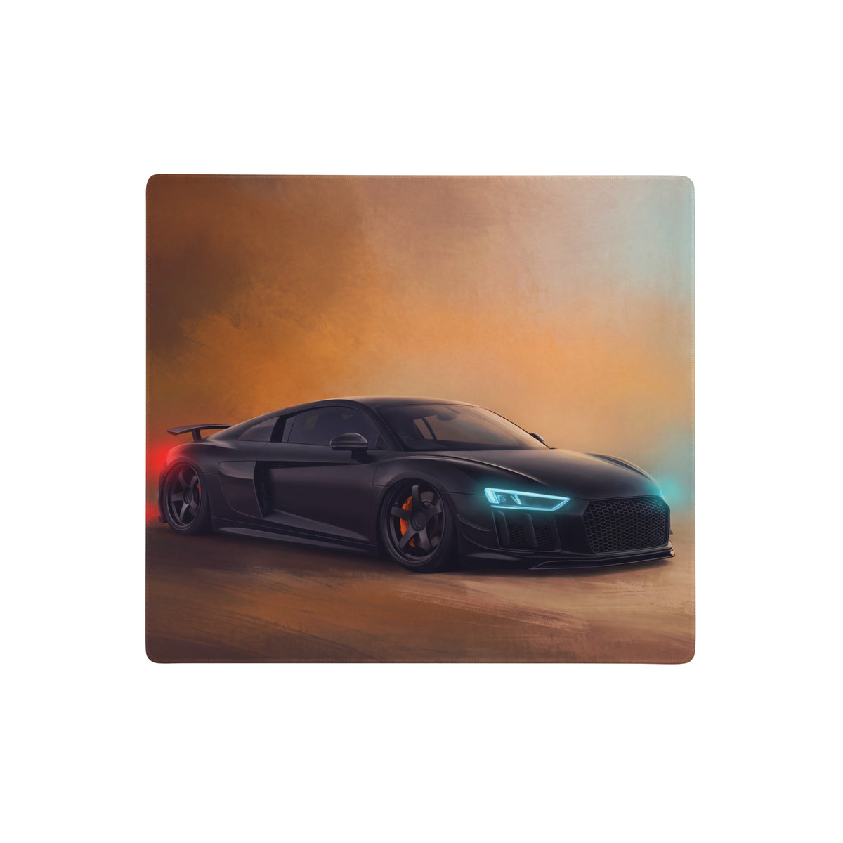 Black audi r8 inspired midnight stealth desk mat with blue headlights orange calipers stitched edge gaming mousepad