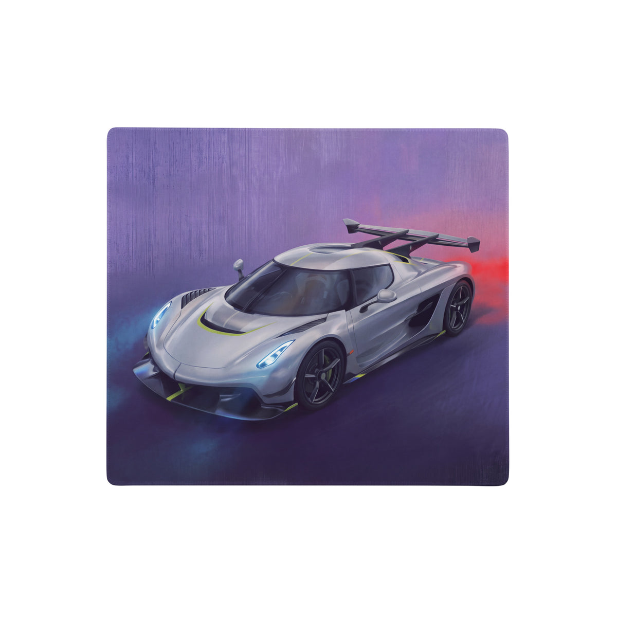 Silver koenigsegg jesko inspired apex desk pad featuring a hypercar artistic rendering with black accents and rear wing
