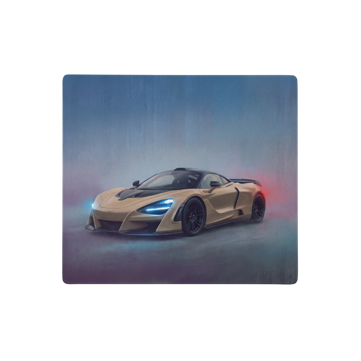 McLaren 720s inspired sahara gold desk pad with sleek gold sports car illustration and premium non slip rubber base