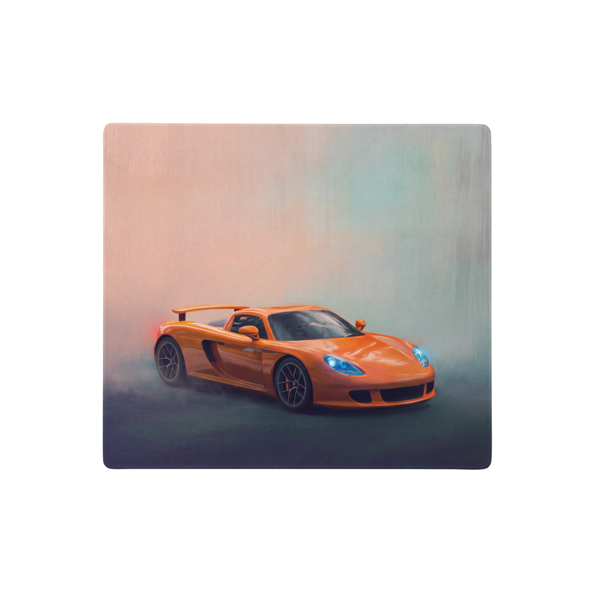 Vibrant orange porsche carrera gt inspired arancio edition desk mat featuring painterly sports car illustration