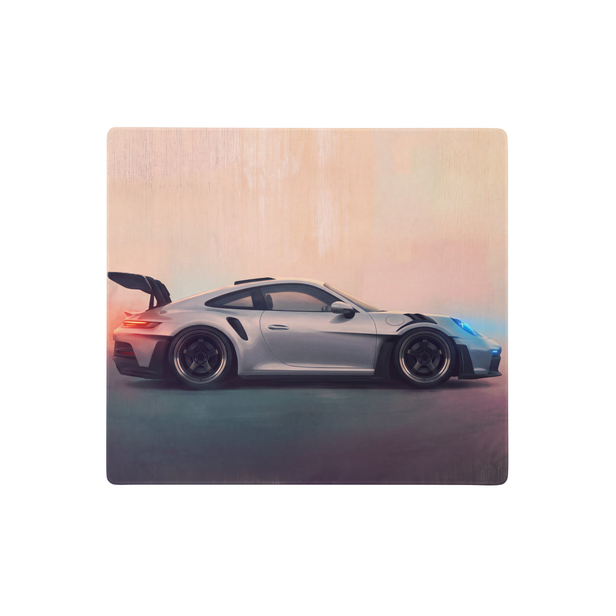 Silver porsche 911 gt3 rs sports car illustration on wooden plaque featured on stitched edge xl desk pad