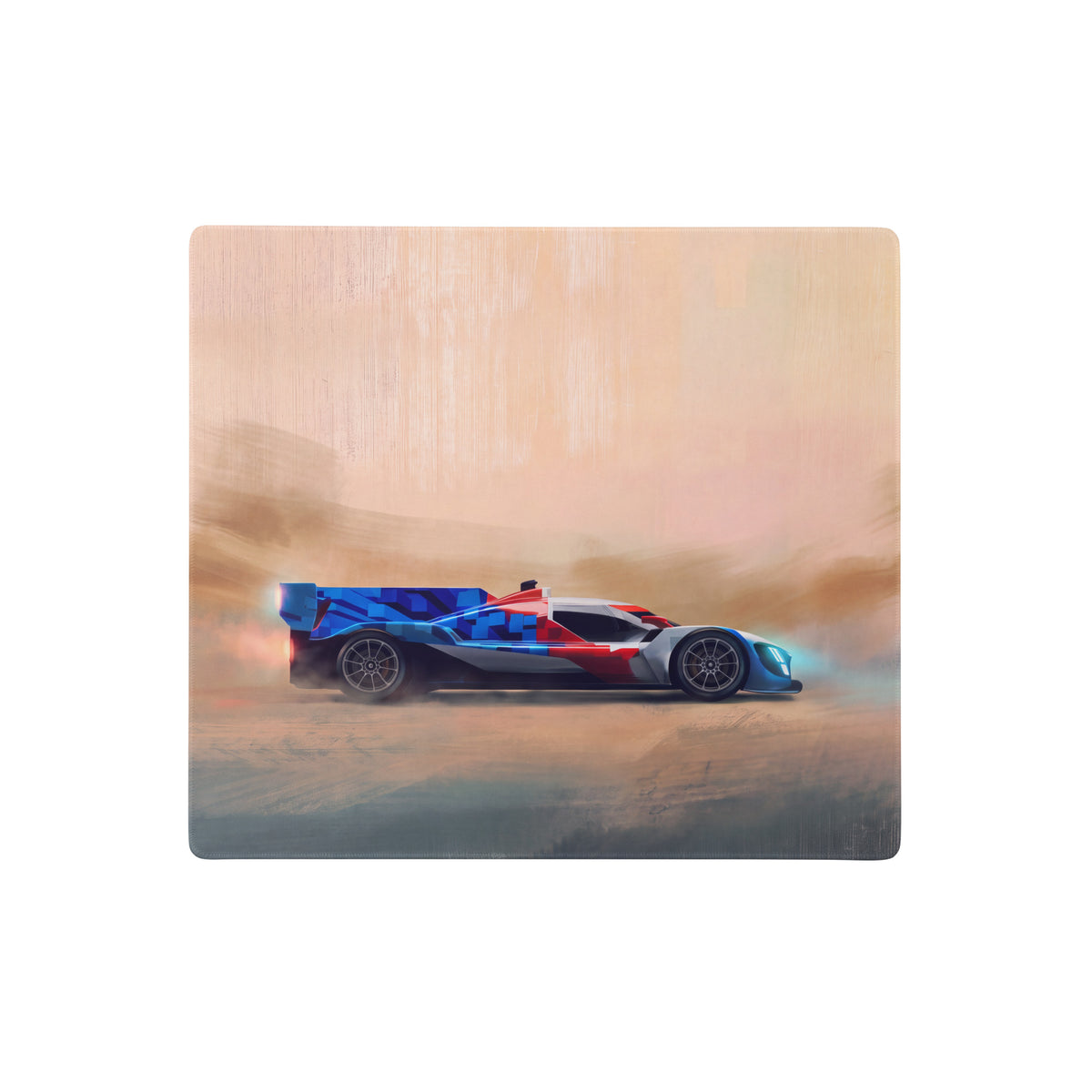 Bmw m hybrid v8 inspired art car desk mat featuring a sleek blue and red race car for smooth high-dpi mouse tracking