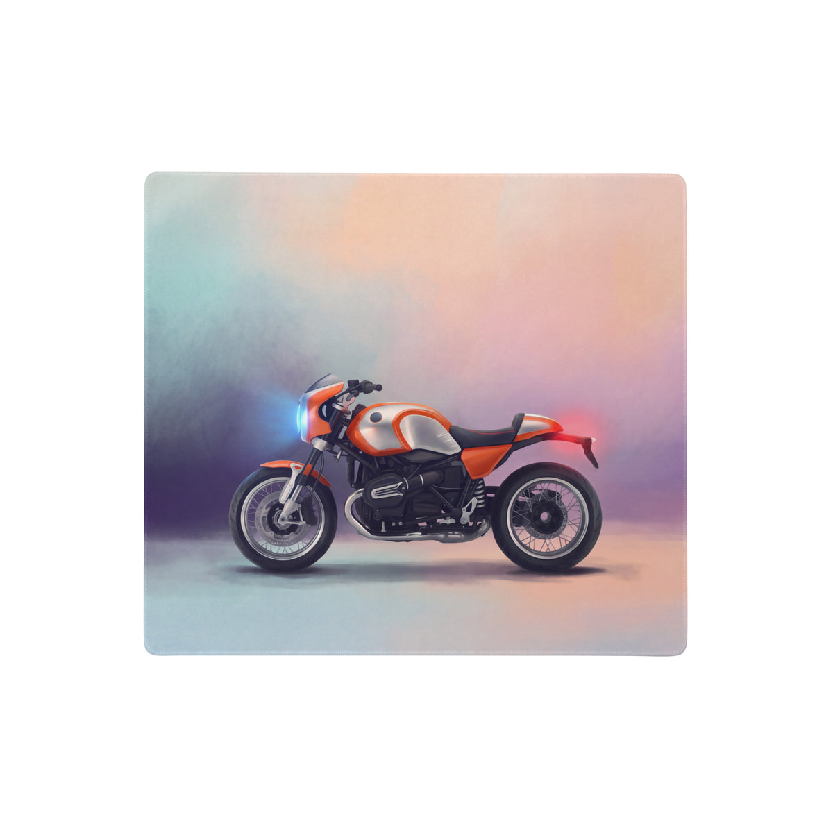 Bmw r nines inspired large mouse pad featuring orange and silver bmw r1200rt motorcycle illustration with smooth stitched edges