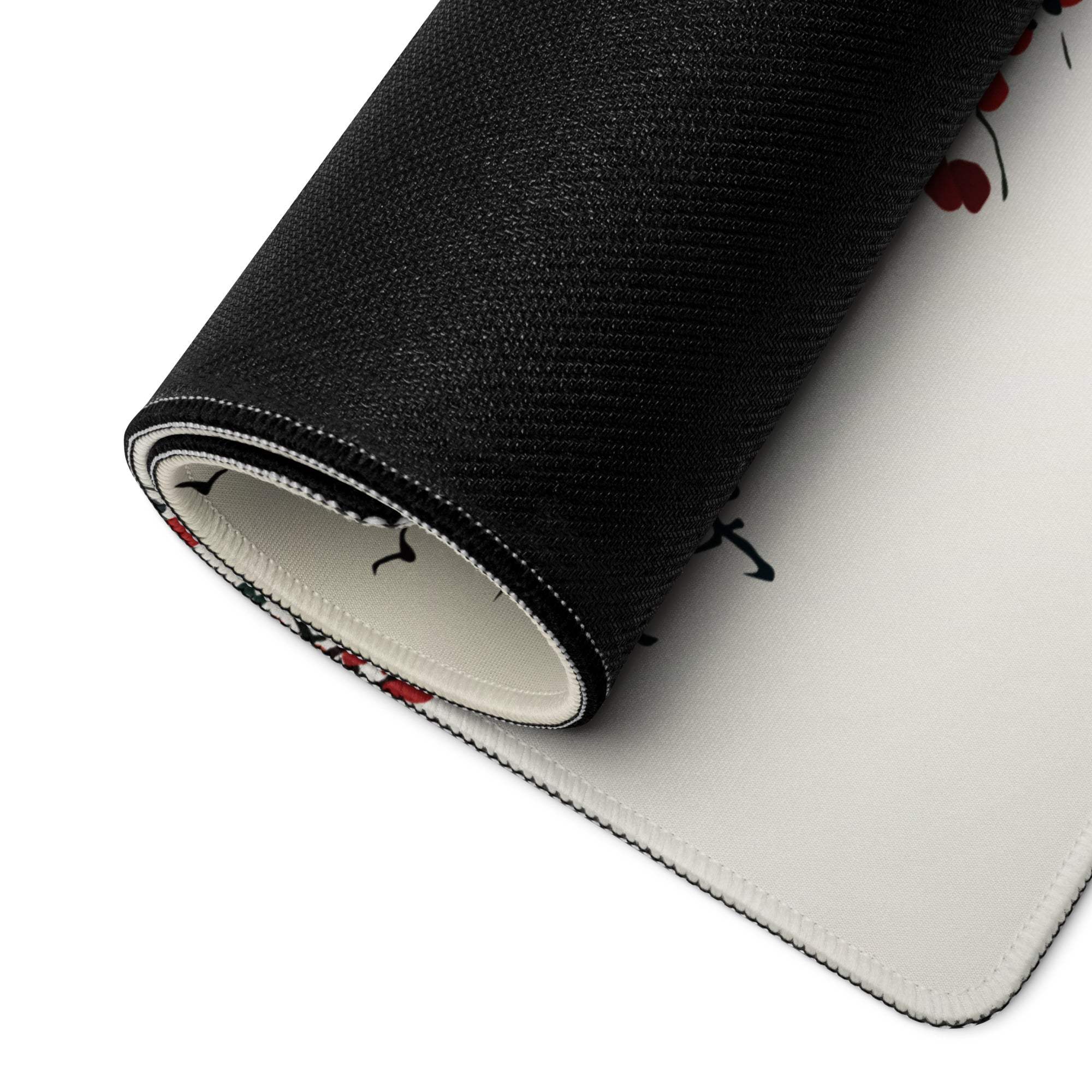 Zen cityscape gaming mouse pad with black and white design and subtle red cherry edge for gaming desks