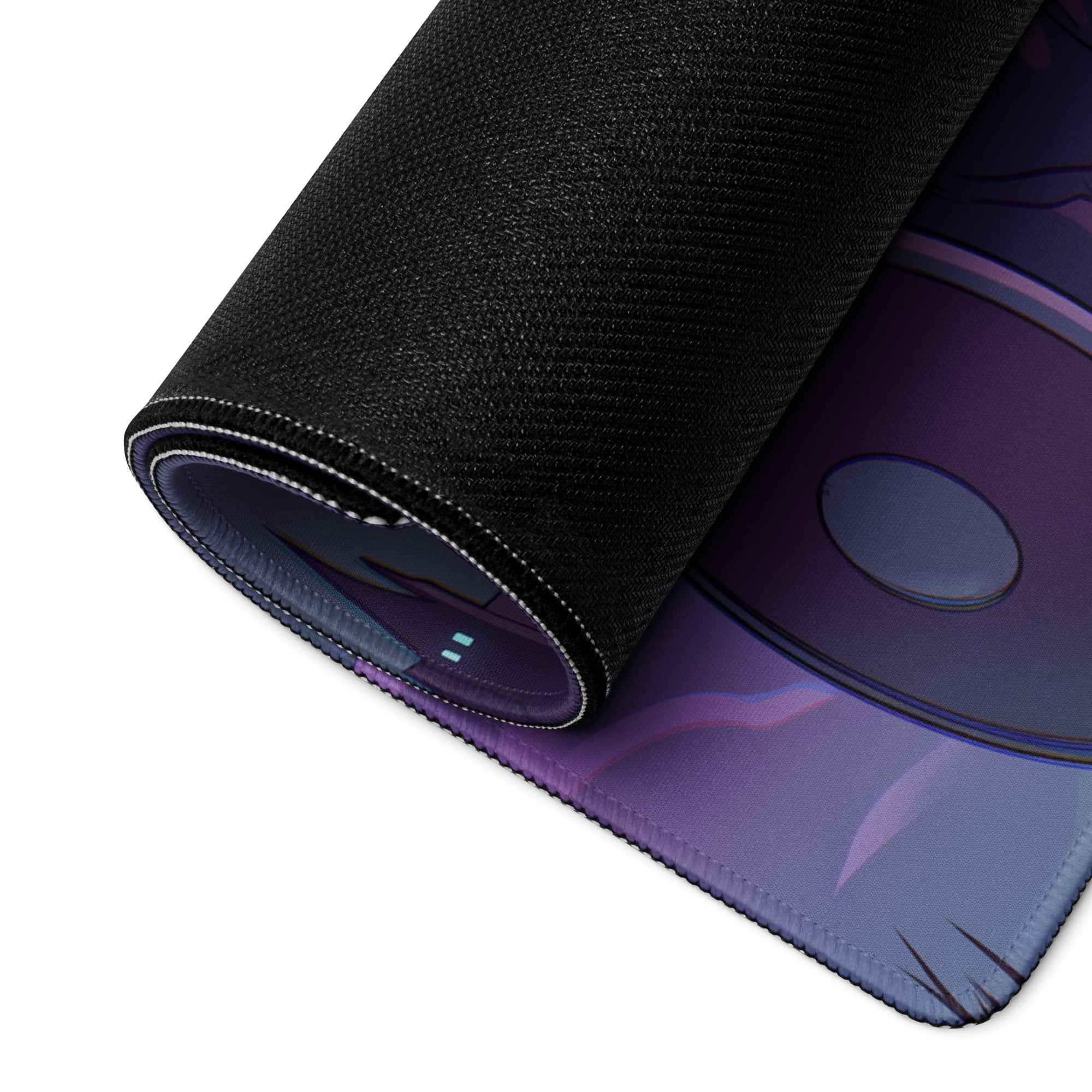 A rolled-up black gaming mousepad with vibrant purple and blue anime vaporwave design and stitched edges