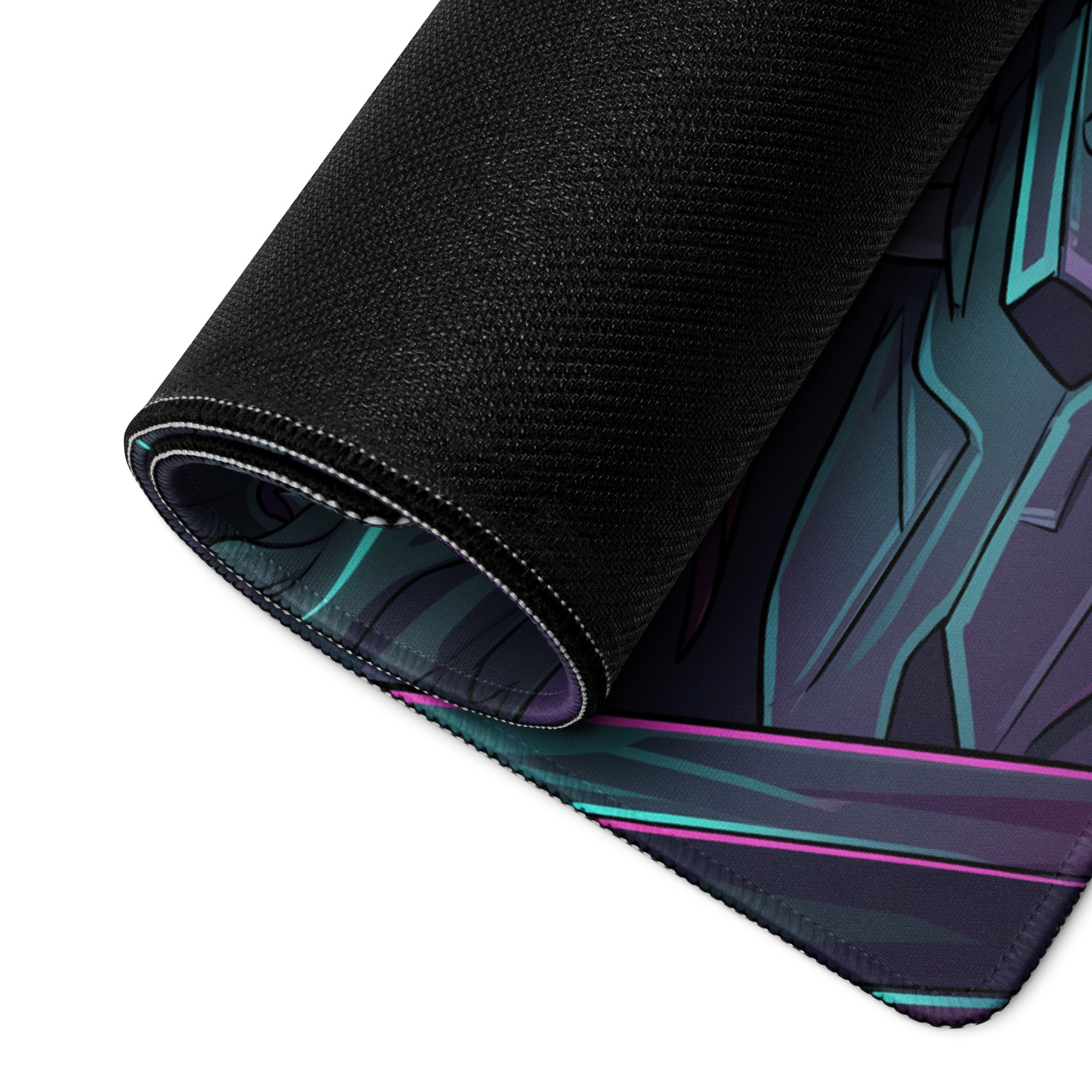 Black gaming mouse pad featuring futuristic anime character with teal and purple neon accents for vaporwave style desks