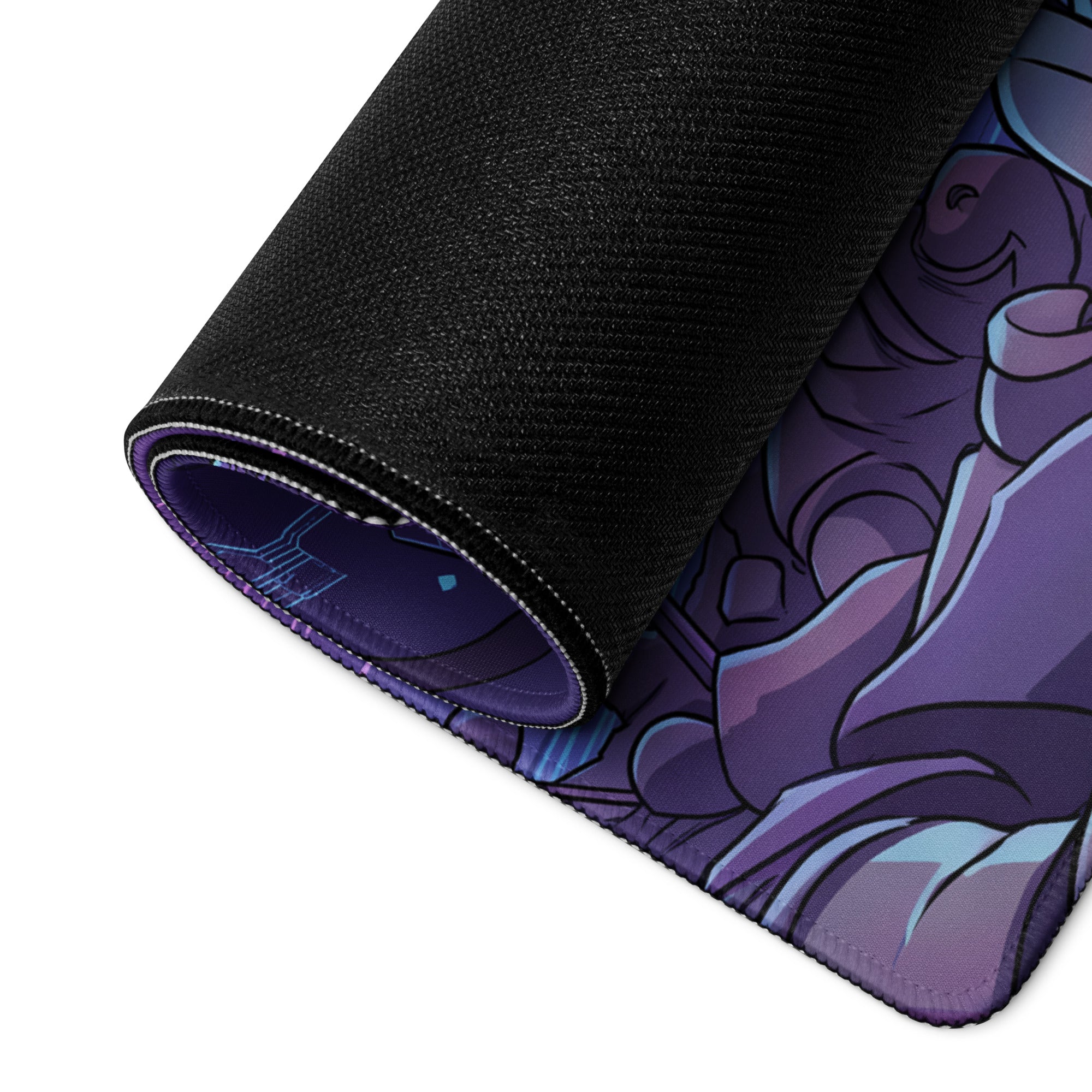 Purple and black neon vaporwave warrior gaming mousepad with cartoon character design for desk setup use