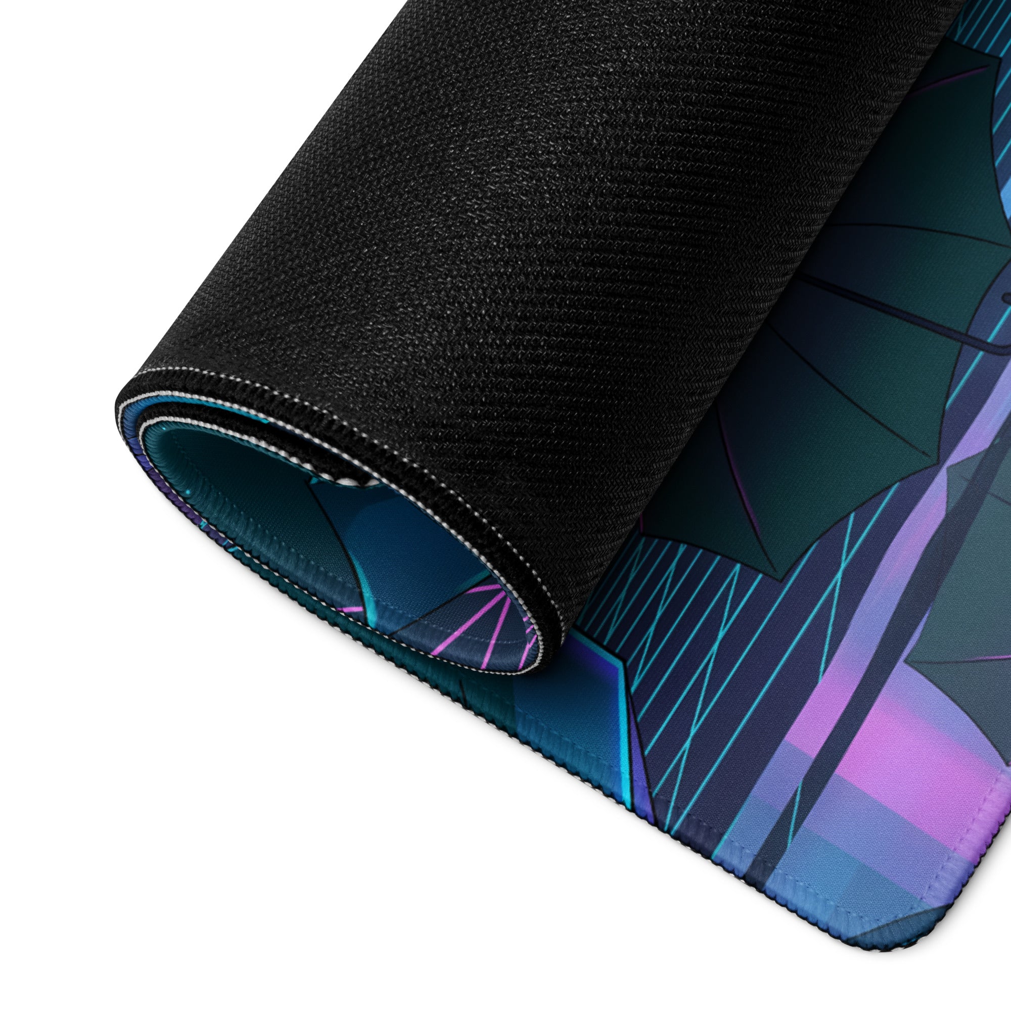 A rolled-up vaporwave neon umbrella gaming mousepad with sleek black textured surface and vibrant teal purple blue patterns