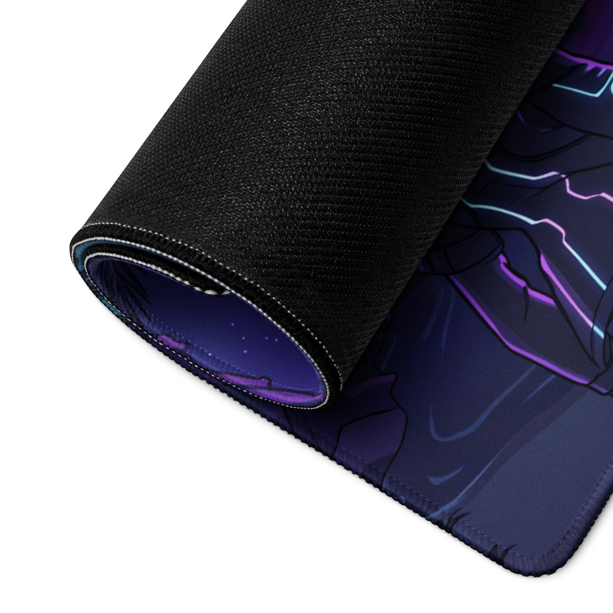 Rolled-up black gaming mousepad with vibrant anime-style glowing purple and blue neon lines vaporwave design
