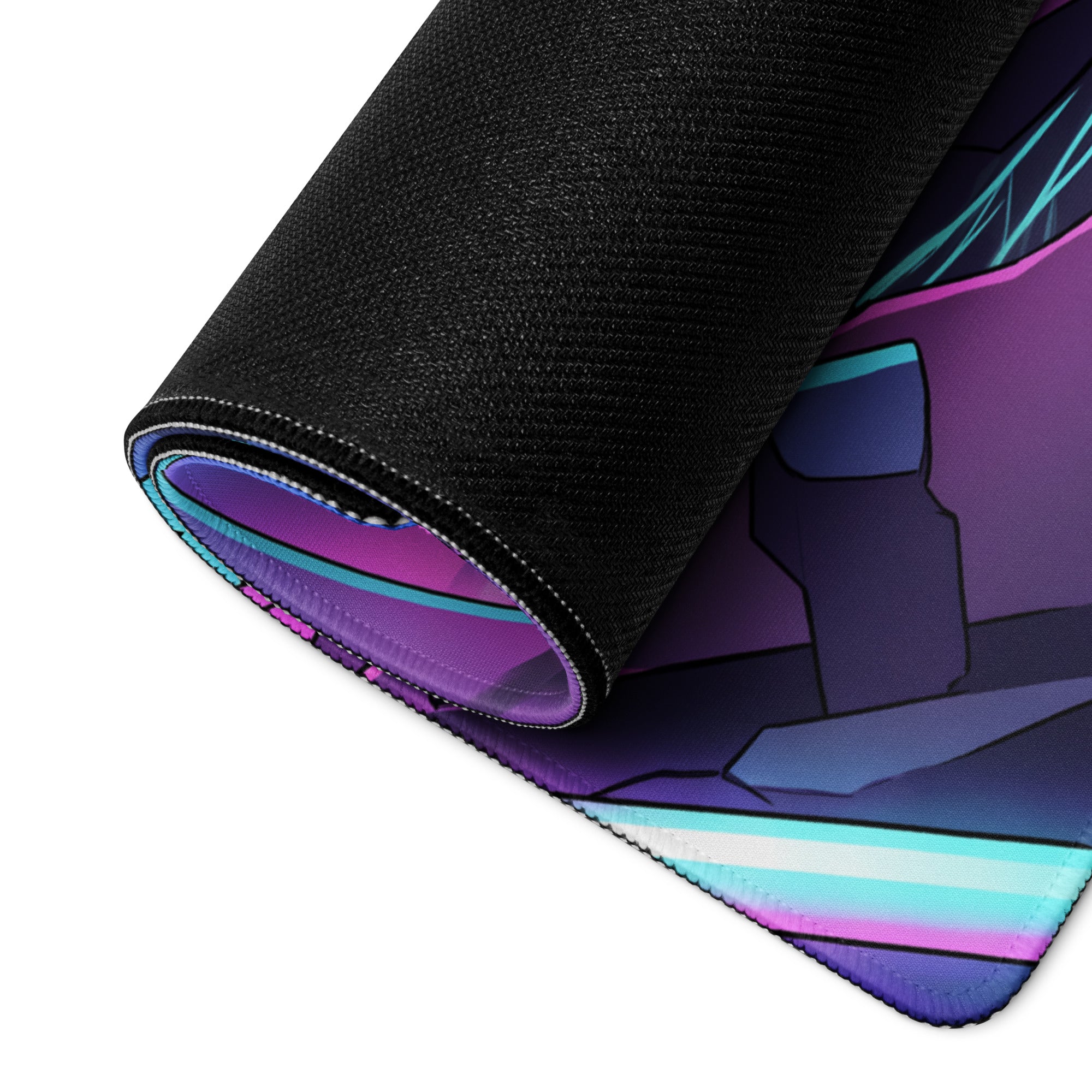 A rolled-up vaporwave neon warrior mouse pad with vibrant purple teal geometric shapes on a dark gaming surface