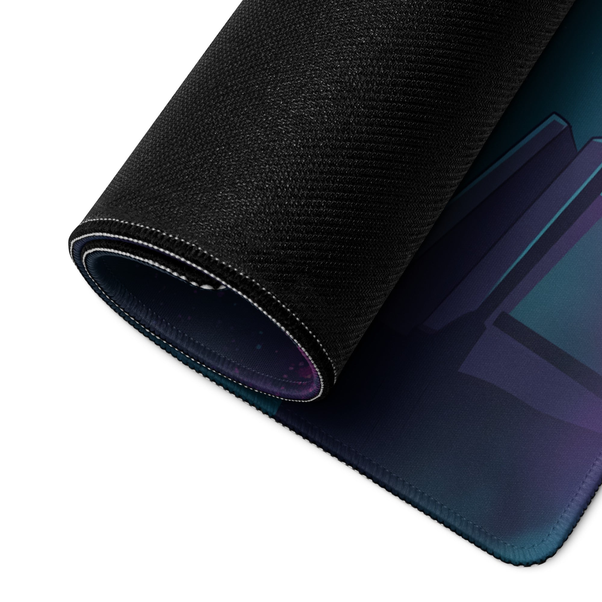 Black textured mousepad with rolled edge and gradient deep blues purples and teal vaporwave neon winged design